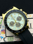 Premium Gold Racing Chronograph Ice Blue Dial Black Rubber Strap Luxury Watch – Men