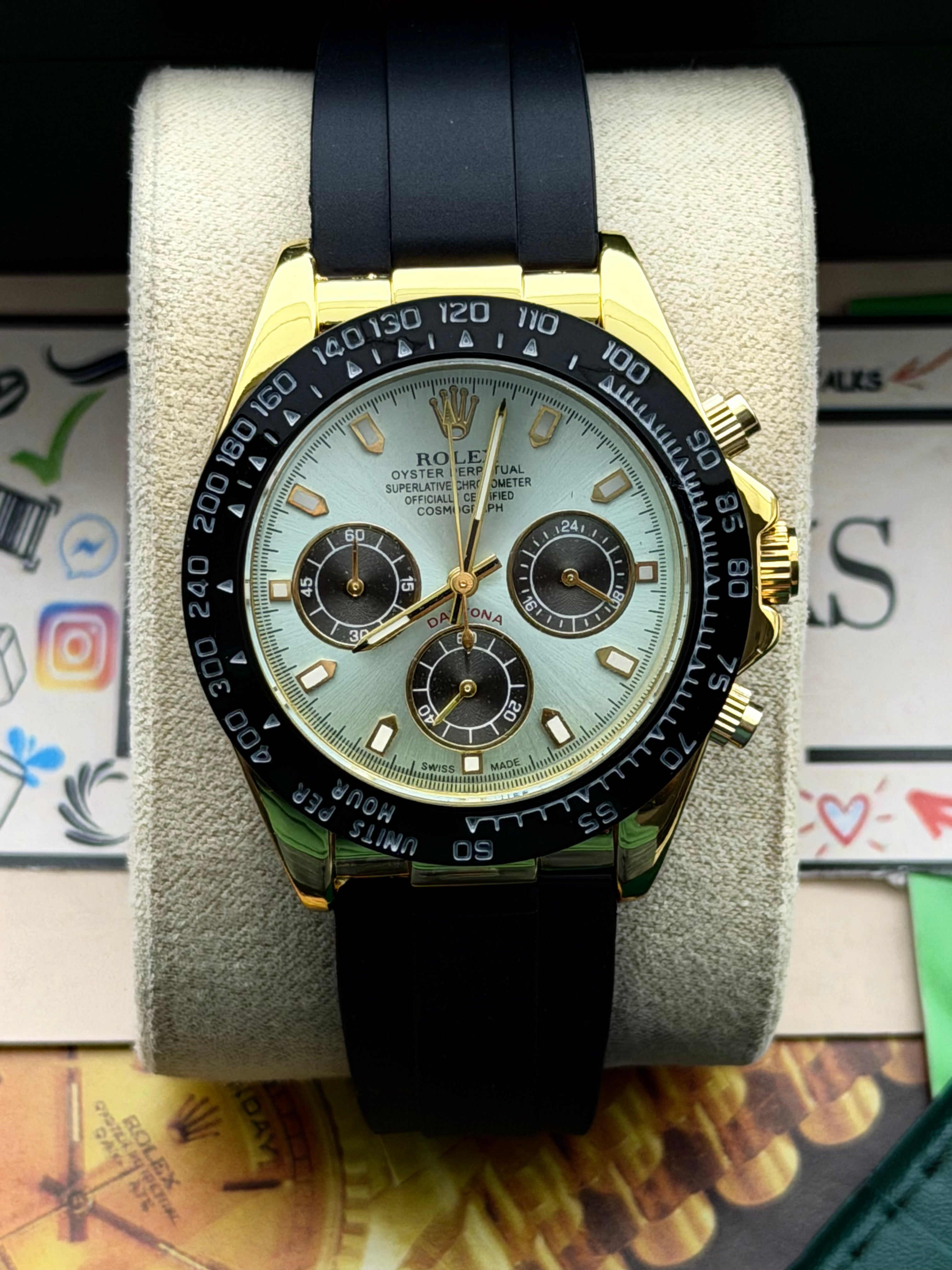 Premium Gold Racing Chronograph Ice Blue Dial Black Rubber Strap Luxury Watch – Men