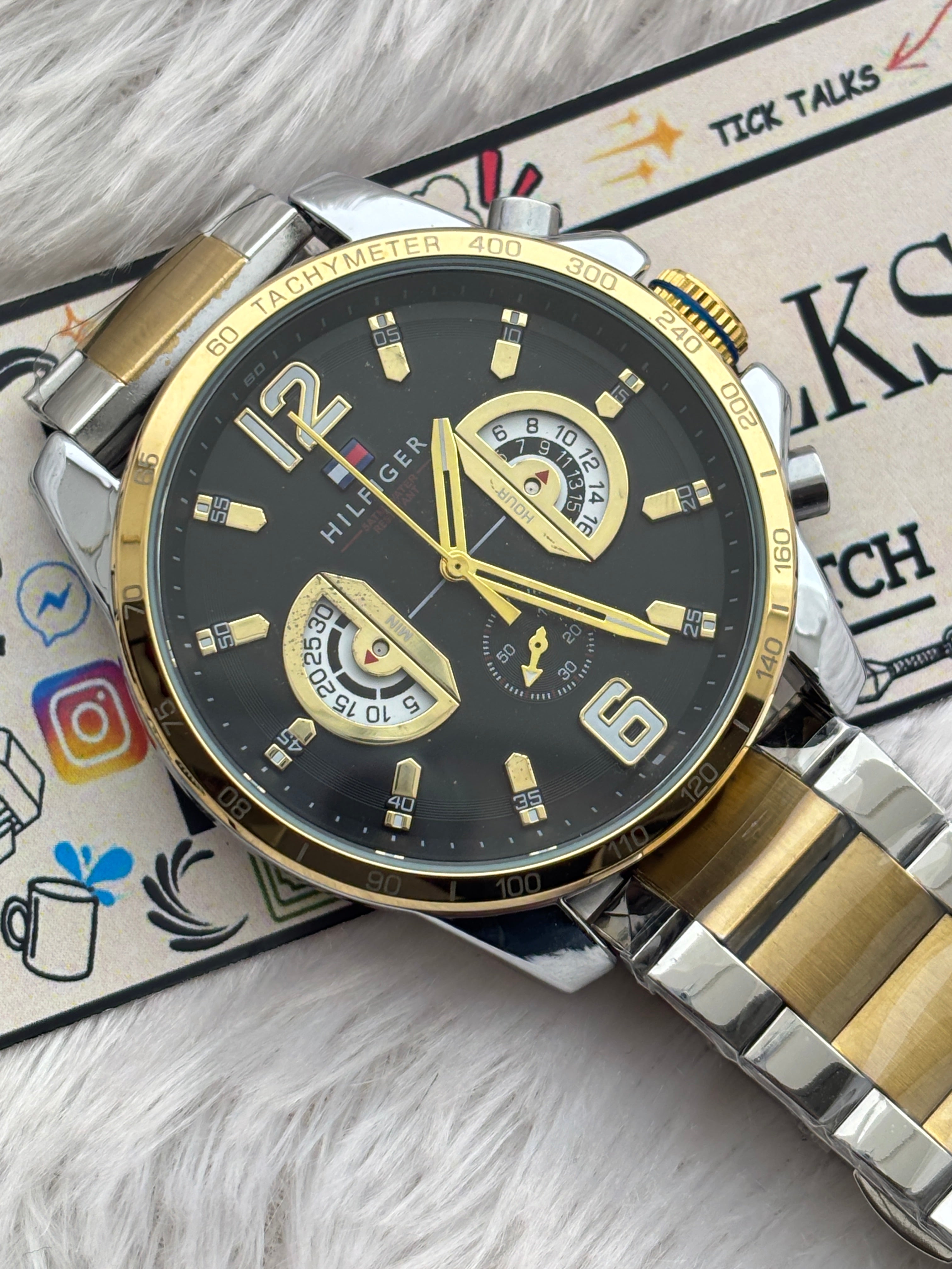 Premium Two-Tone Multifunction Style Luxury Watch Black Dial Stainless Steel Bracelet – Men