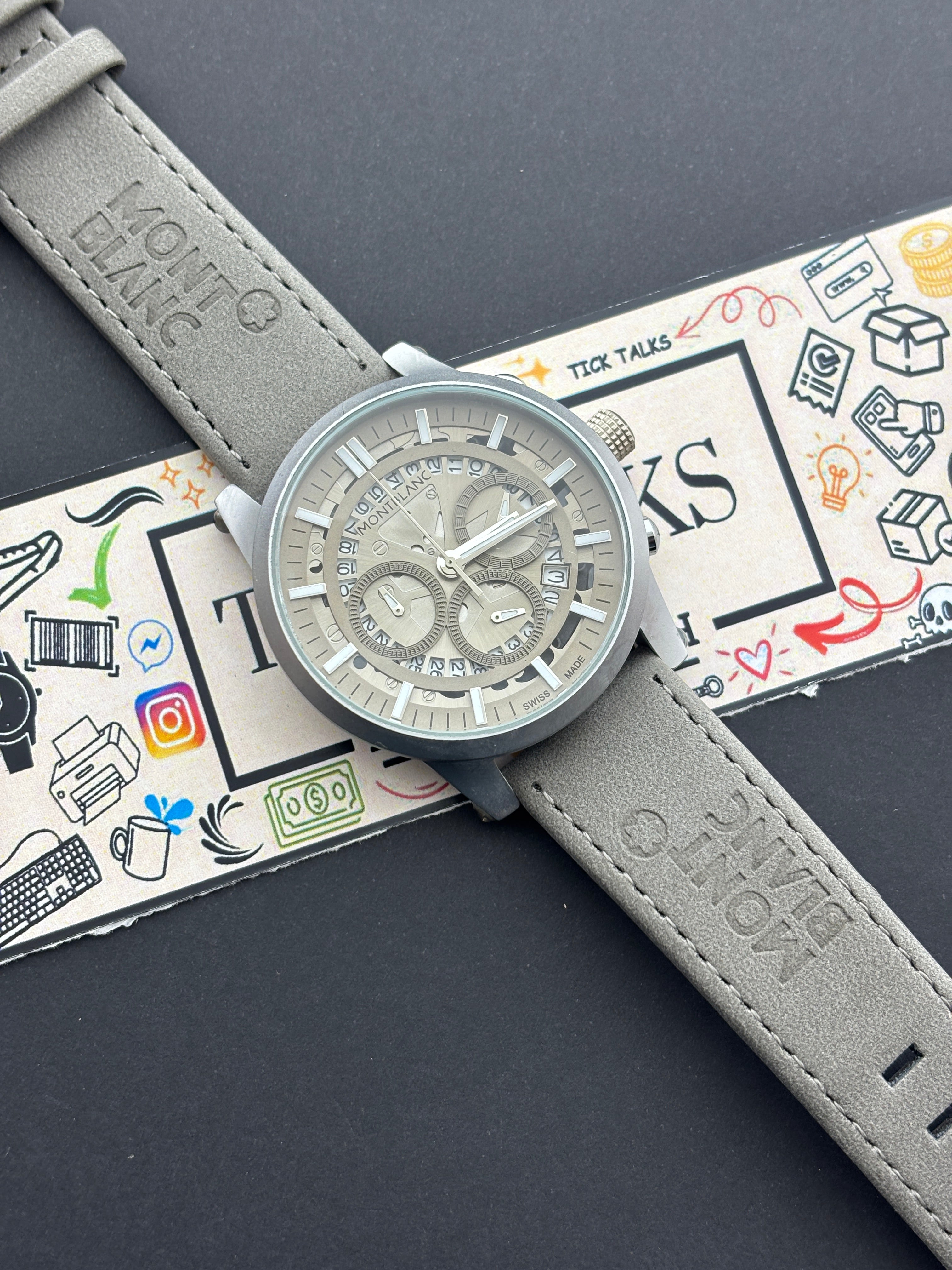 Premium Grey Skeleton Chronograph Leather Strap Luxury Watch – Men