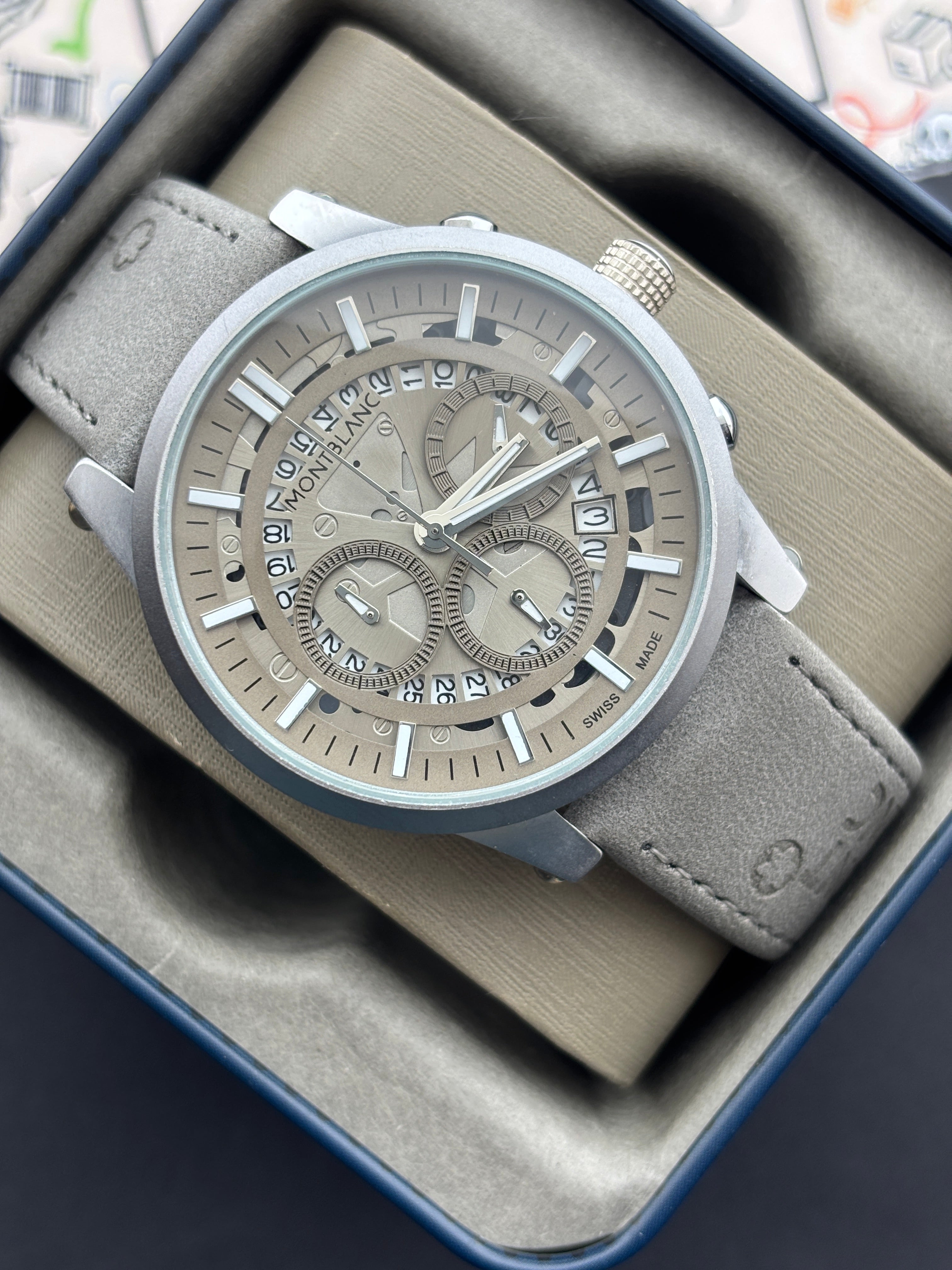 Premium Grey Skeleton Chronograph Leather Strap Luxury Watch – Men