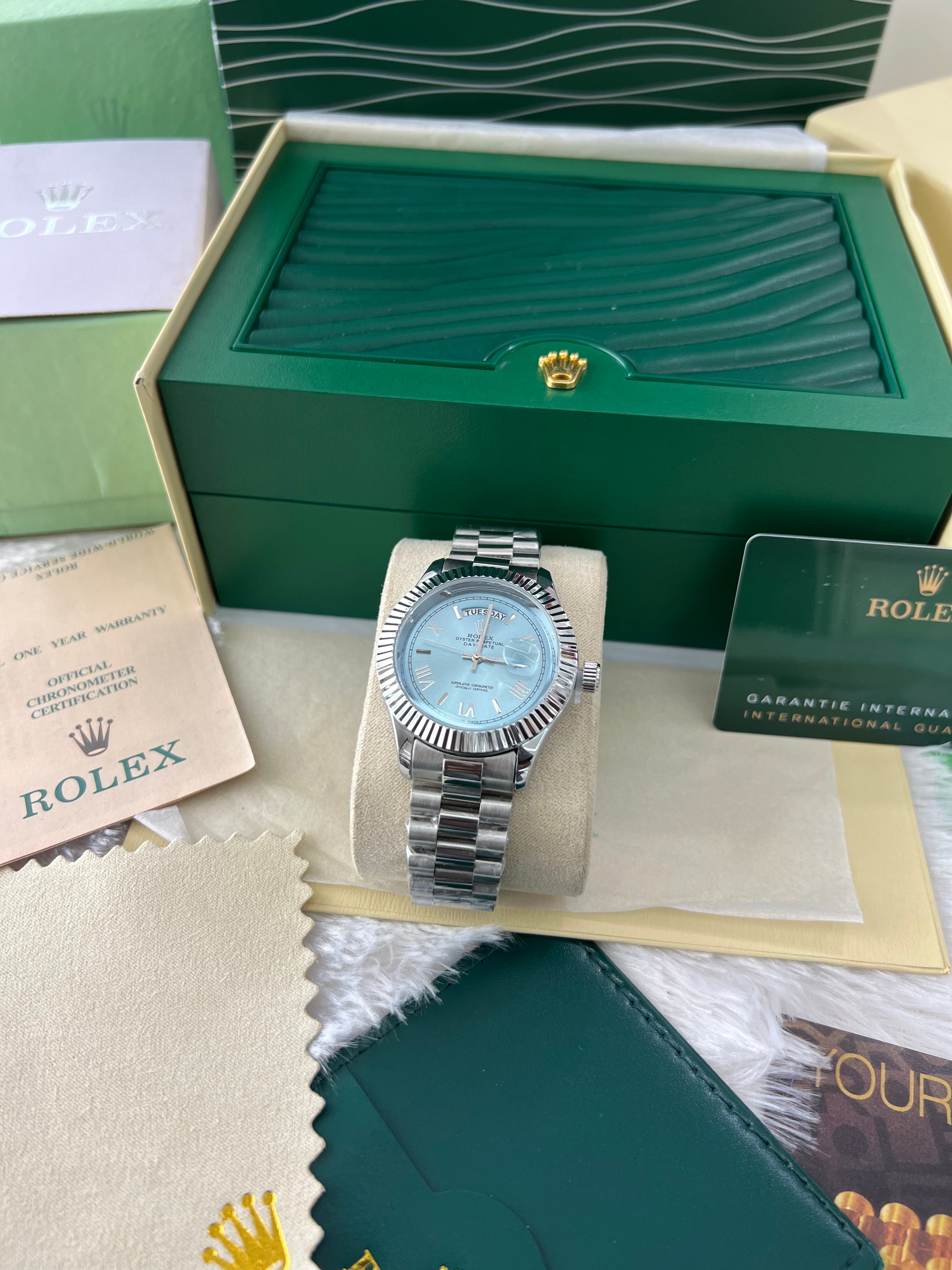 Ice Blue Fluted Steel Day-Date Quartz Watch
