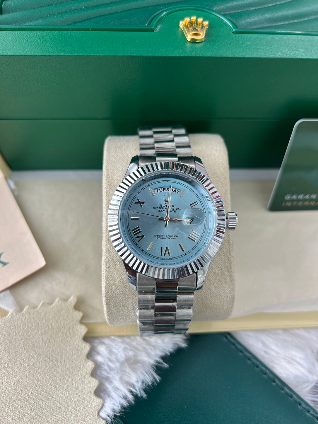 Ice Blue Fluted Steel Day-Date Quartz Watch