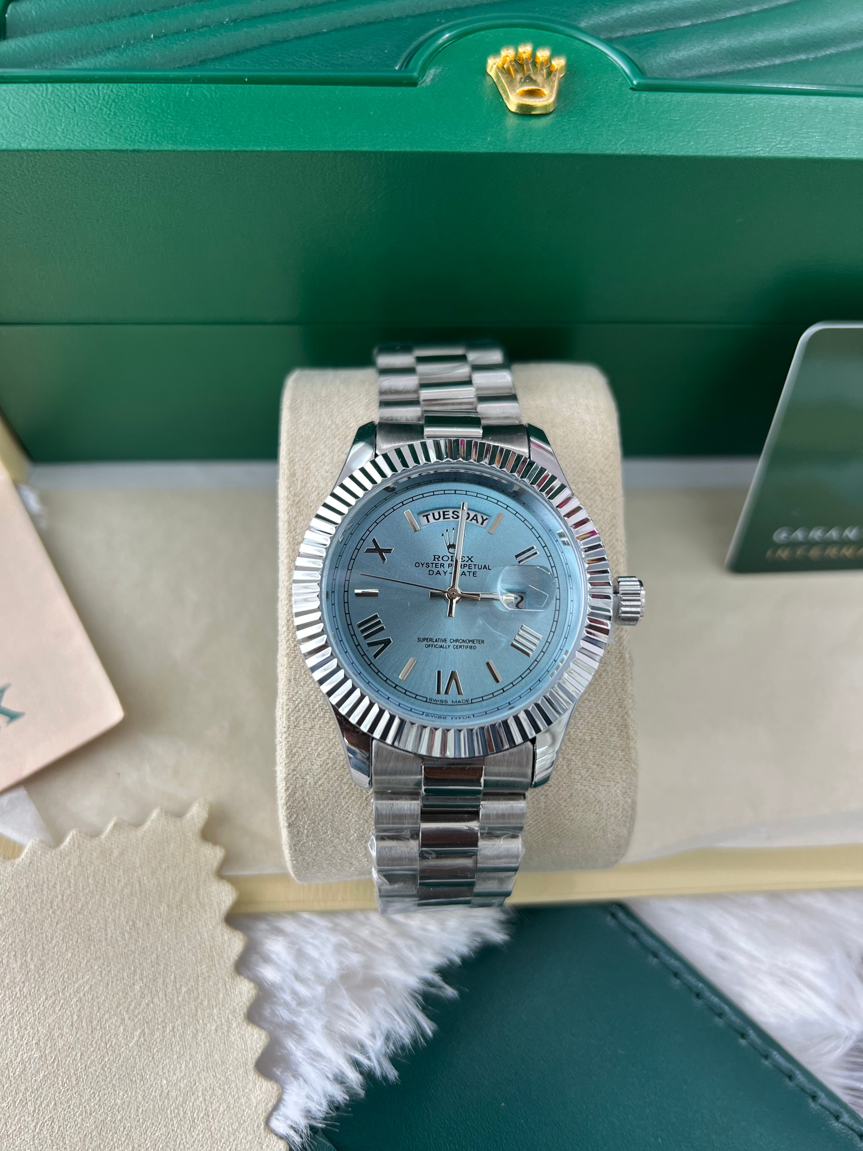 Ice Blue Fluted Steel Day-Date Quartz Watch
