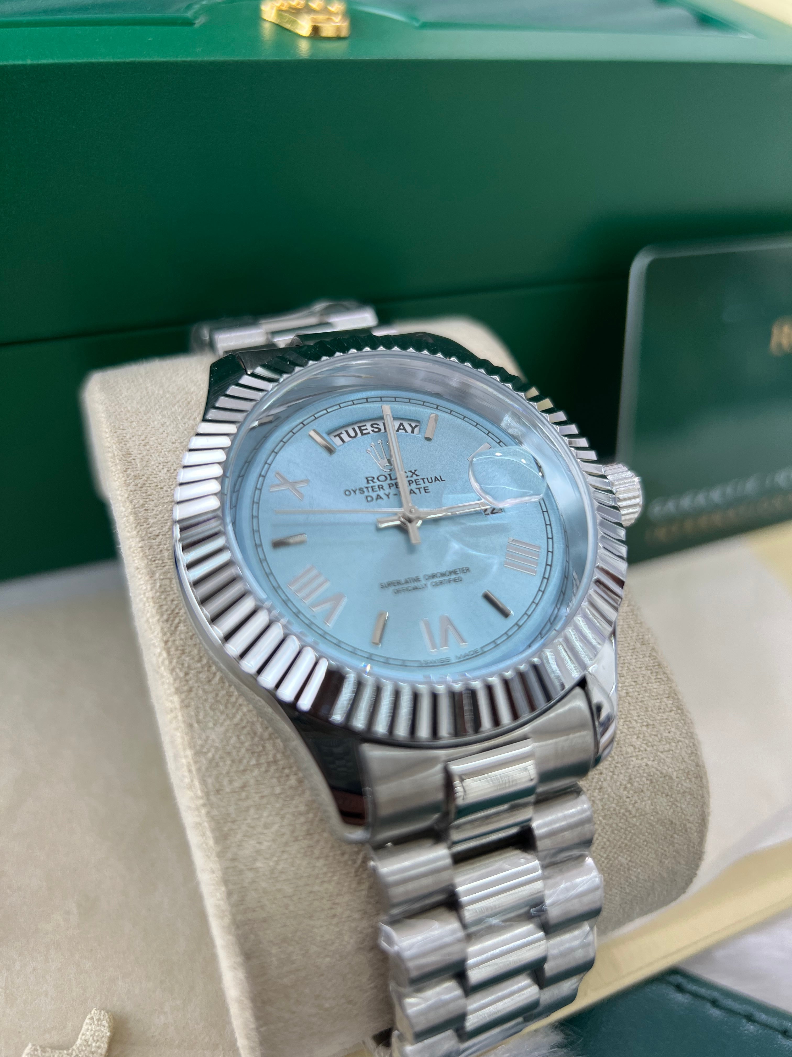 Ice Blue Fluted Steel Day-Date Quartz Watch