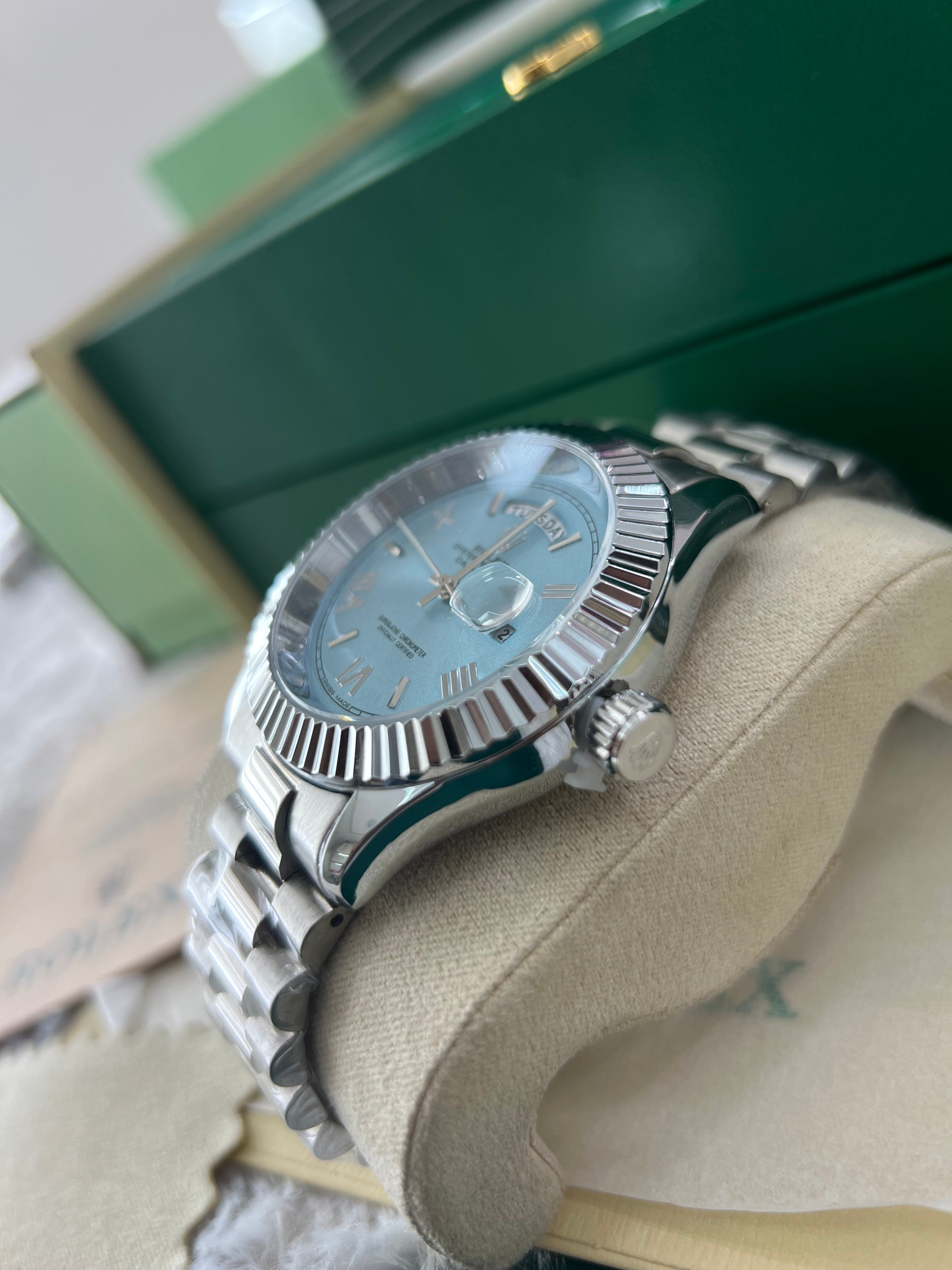 Ice Blue Fluted Steel Day-Date Quartz Watch