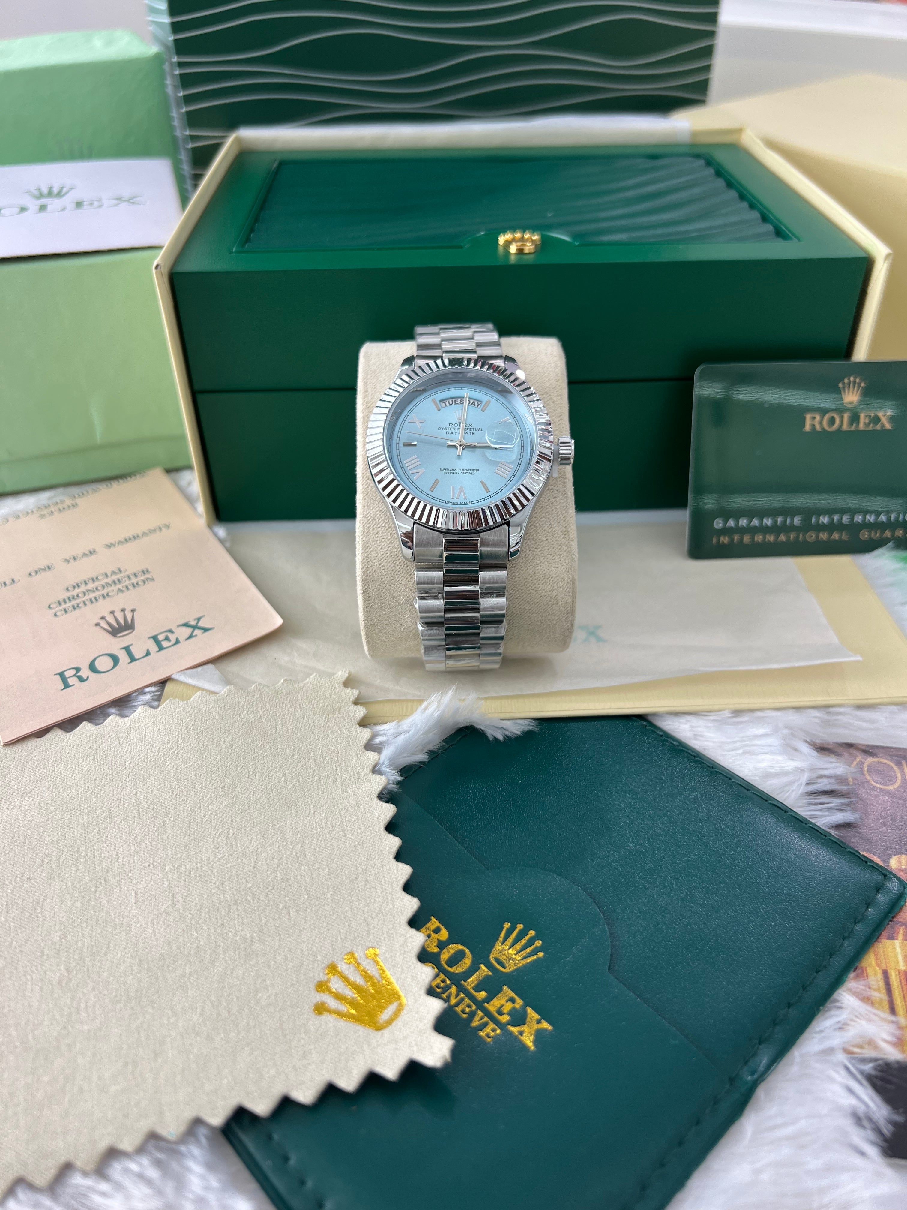 Ice Blue Fluted Steel Day-Date Quartz Watch