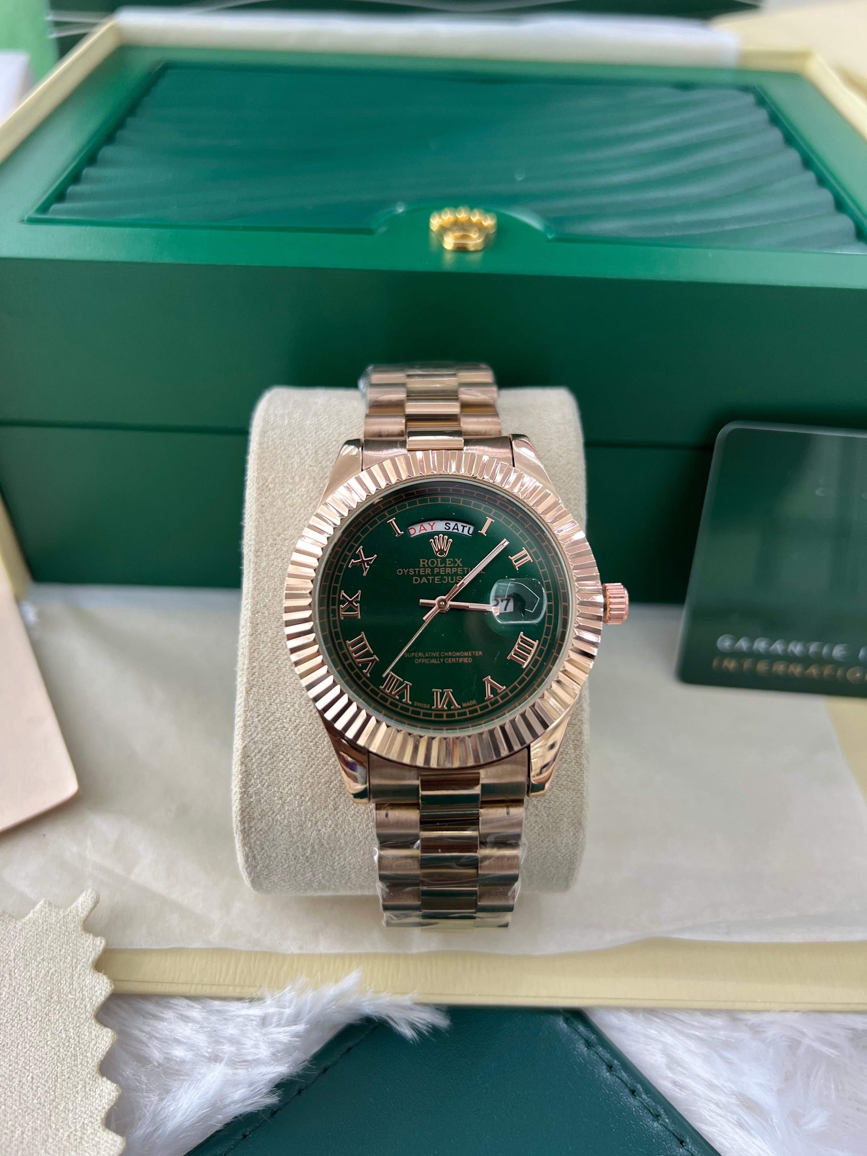 Rose Gold Green Dial Day-Date Luxury Steel Watch