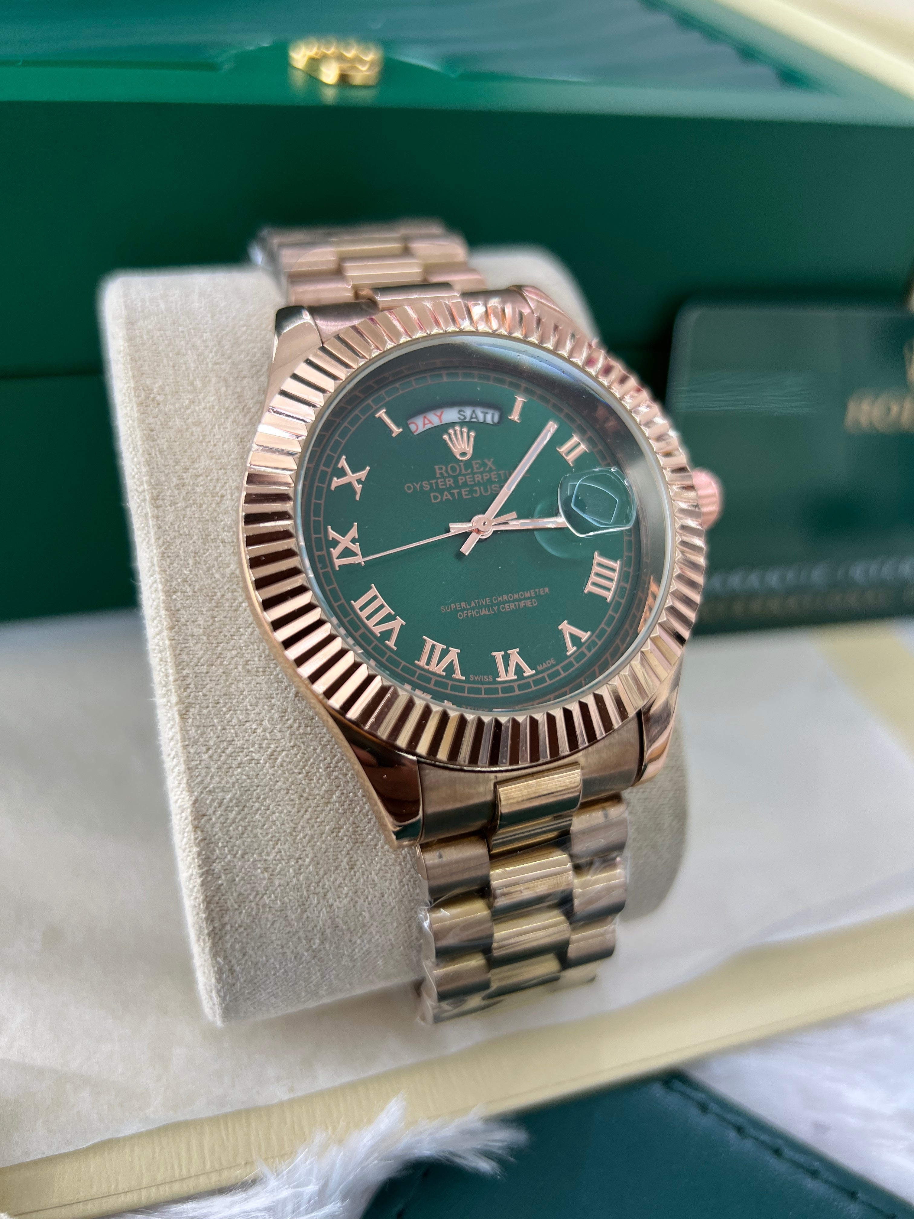 Rose Gold Green Dial Day-Date Luxury Steel Watch