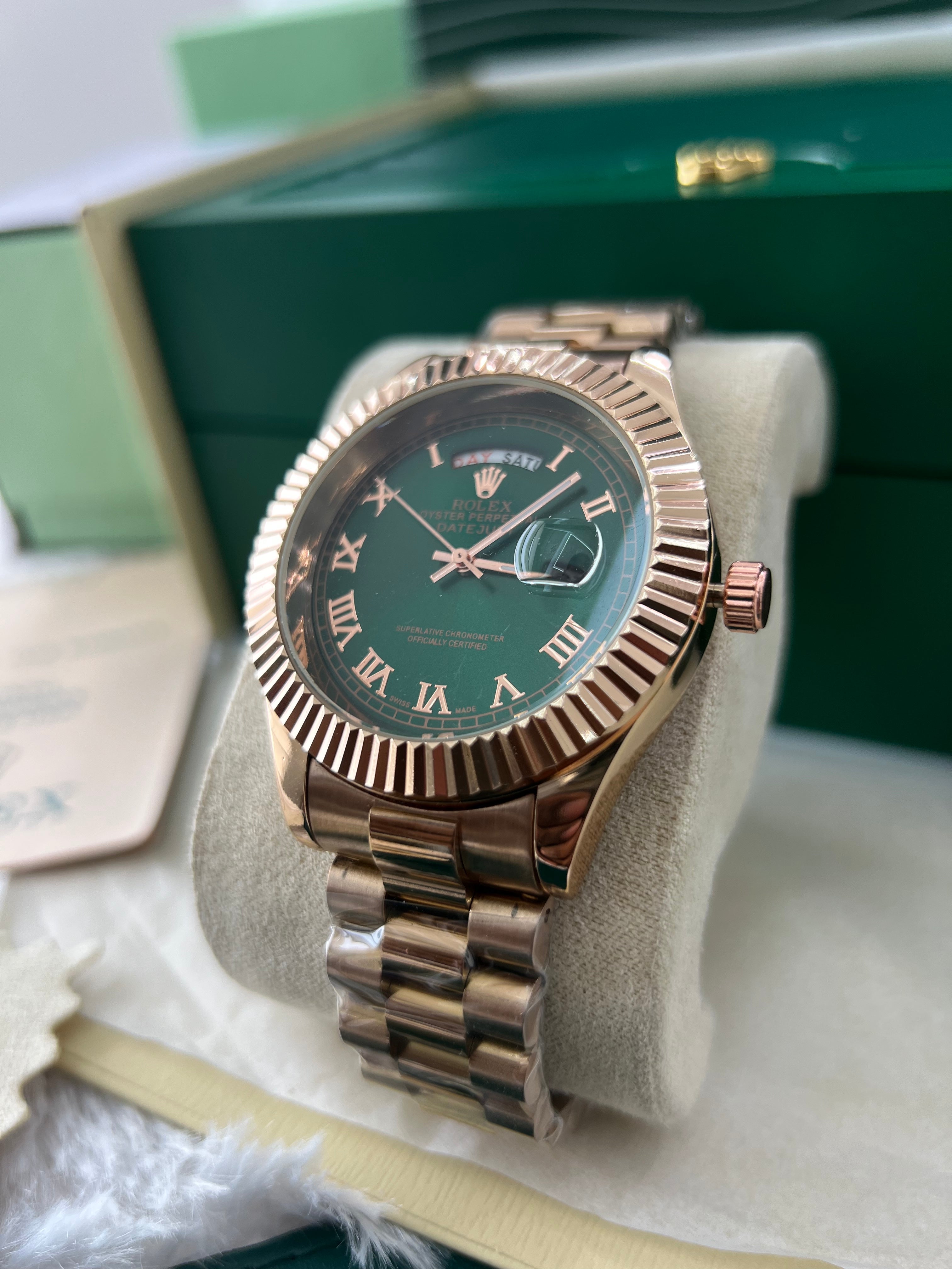 Rose Gold Green Dial Day-Date Luxury Steel Watch