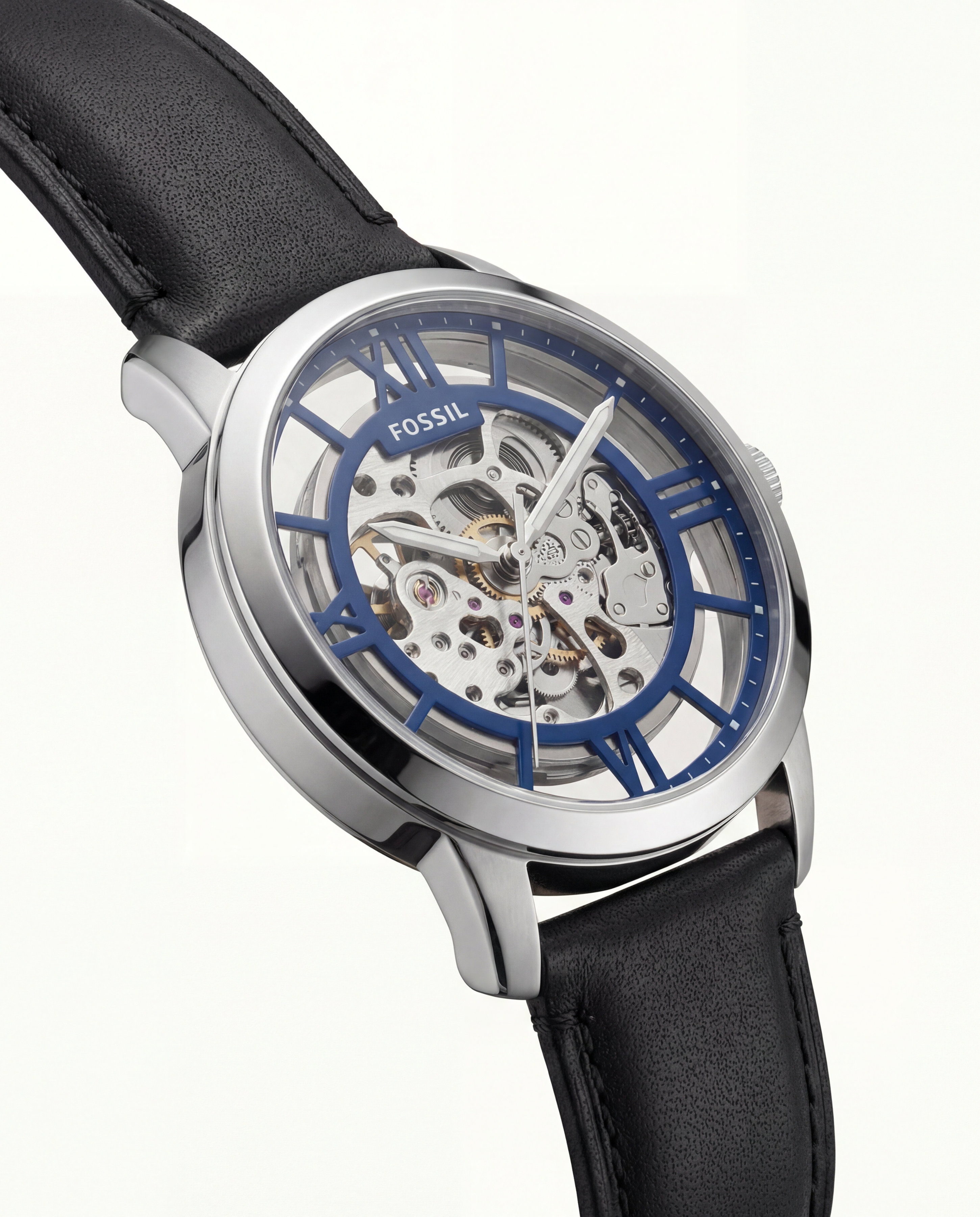 Silver Blue Skeleton Automatic Men’s Watch with Black Leather Strap