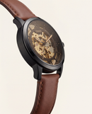 Luxury Skeleton Automatic Men’s Watch with Gold Open-Work Dial & Brown Leather Strap