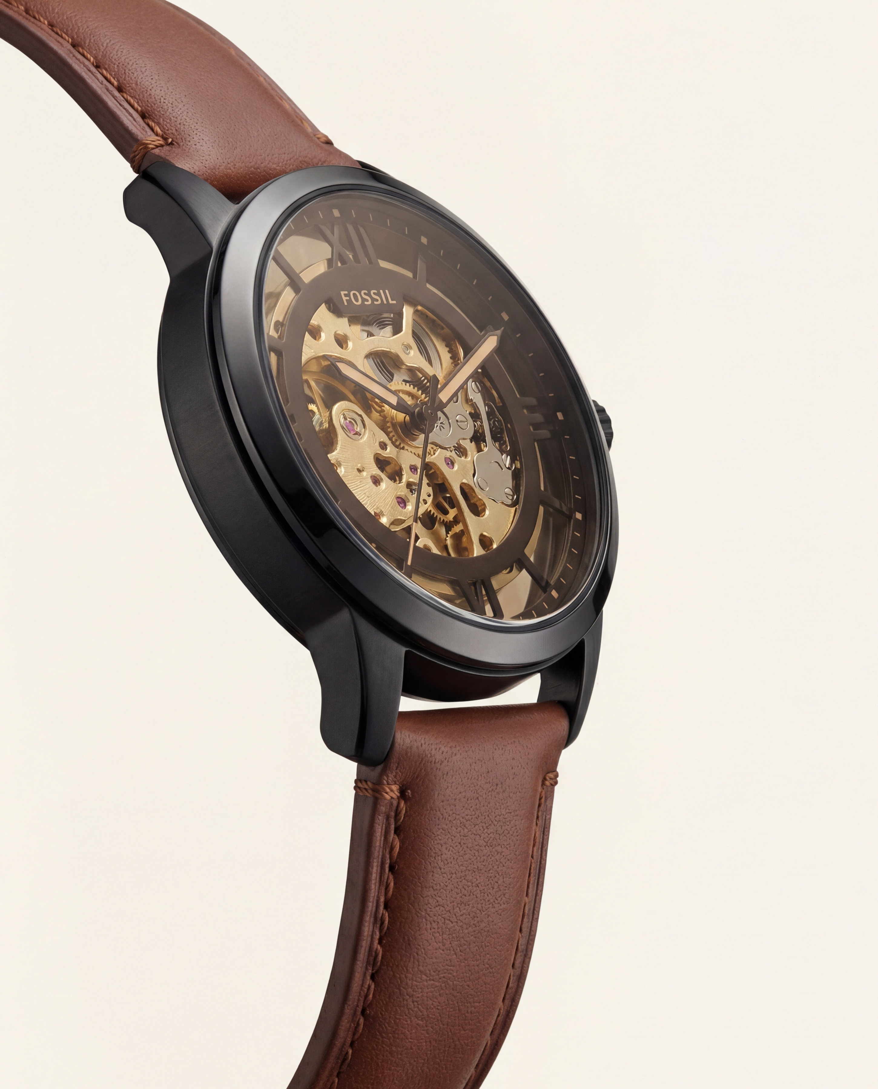 Luxury Skeleton Automatic Men’s Watch with Gold Open-Work Dial & Brown Leather Strap