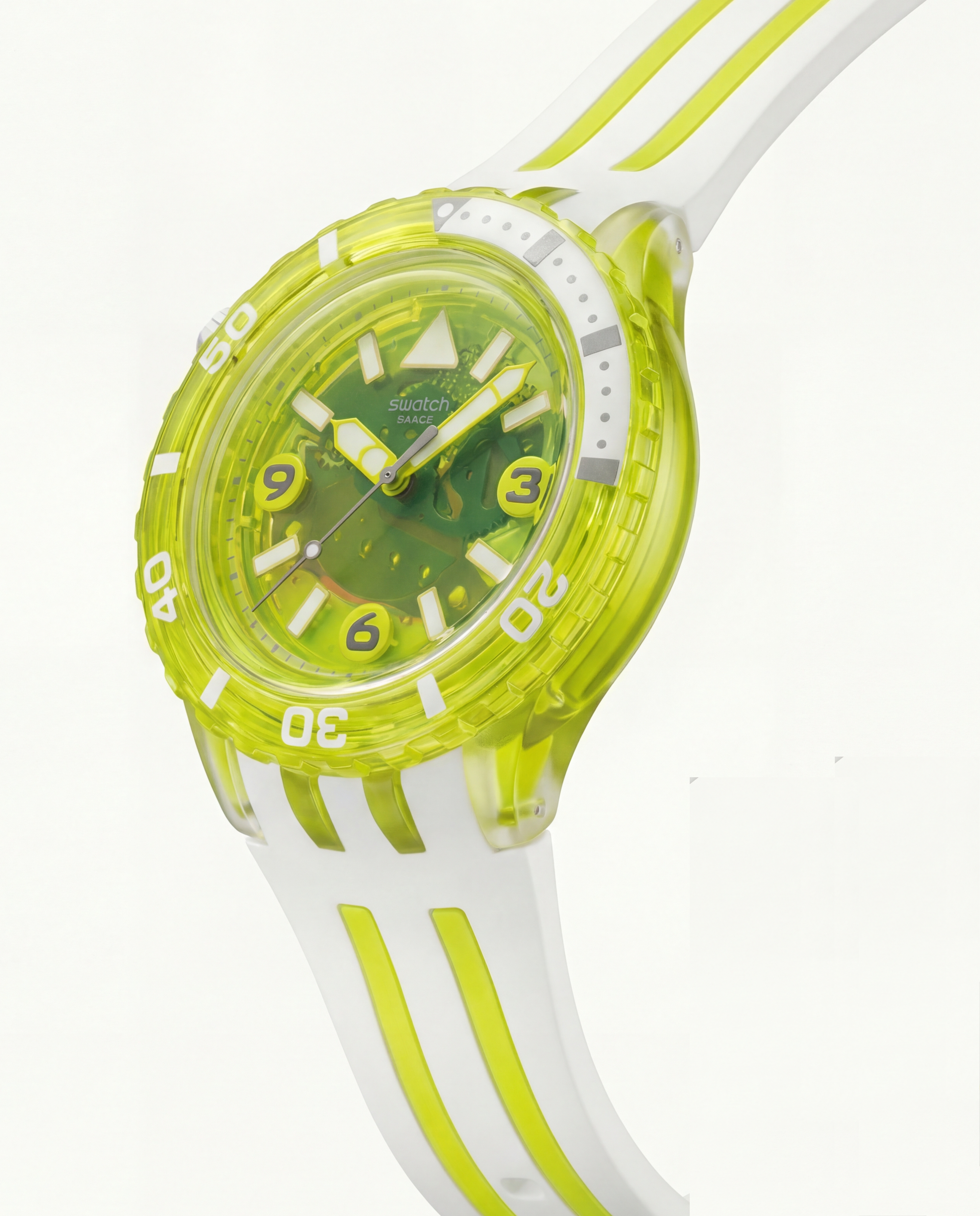 Neon Green Transparent Dive-Style Men’s Watch with White Sport Strap