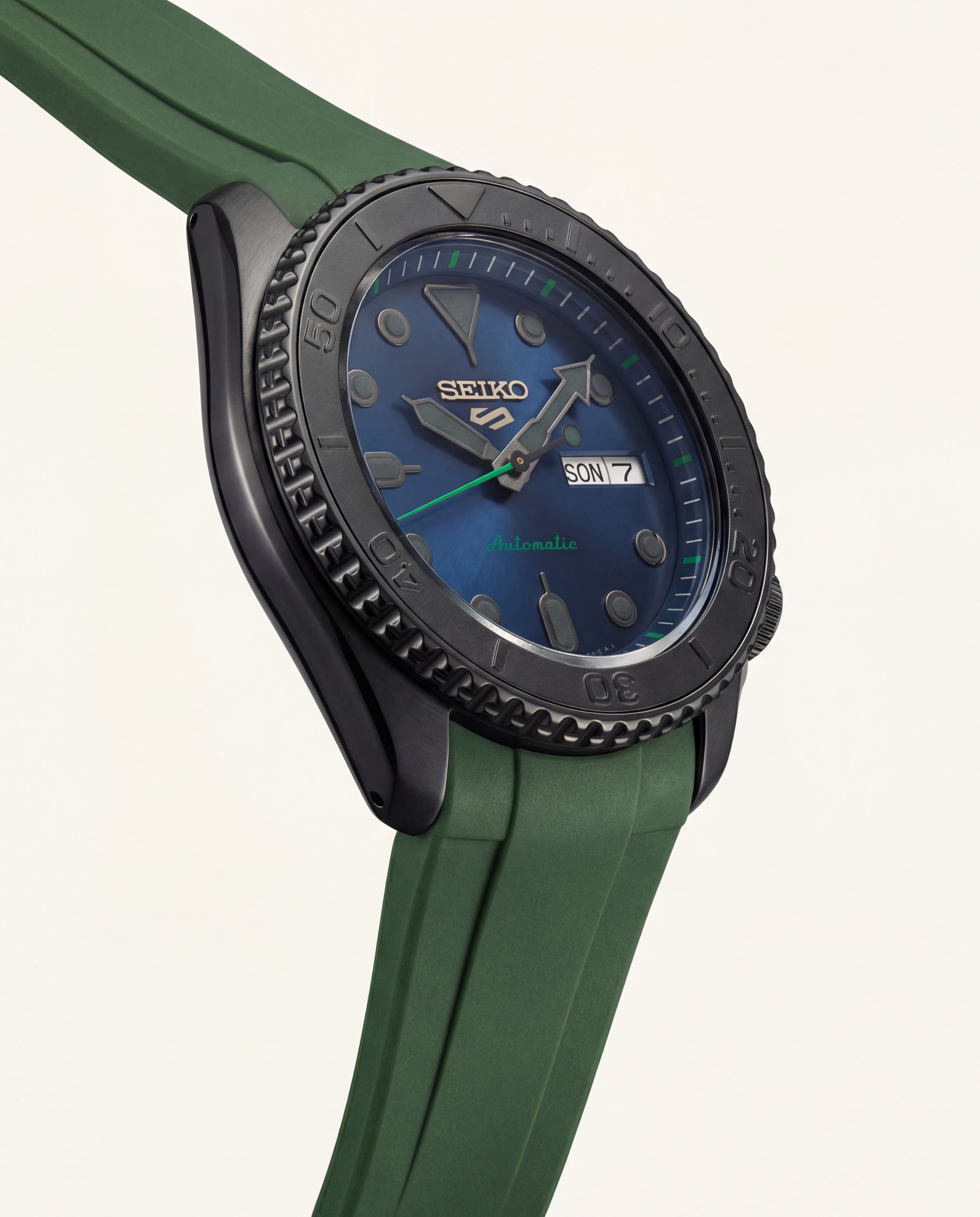 Black Automatic Dive Men’s Watch with Blue Dial & Green Strap
