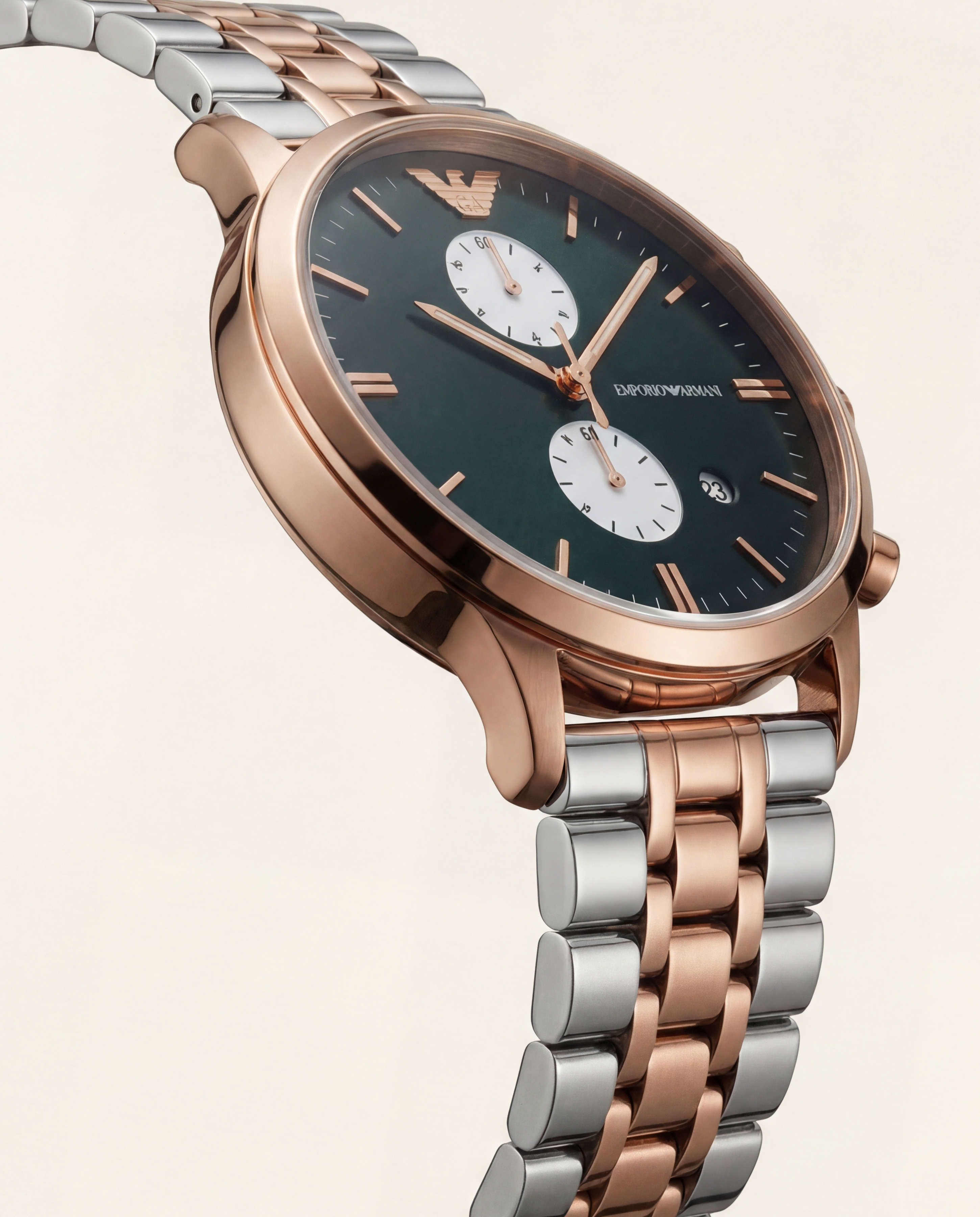 Emerald Green Chronograph Men’s Watch with Rose Gold & Silver Dual-Tone Bracelet