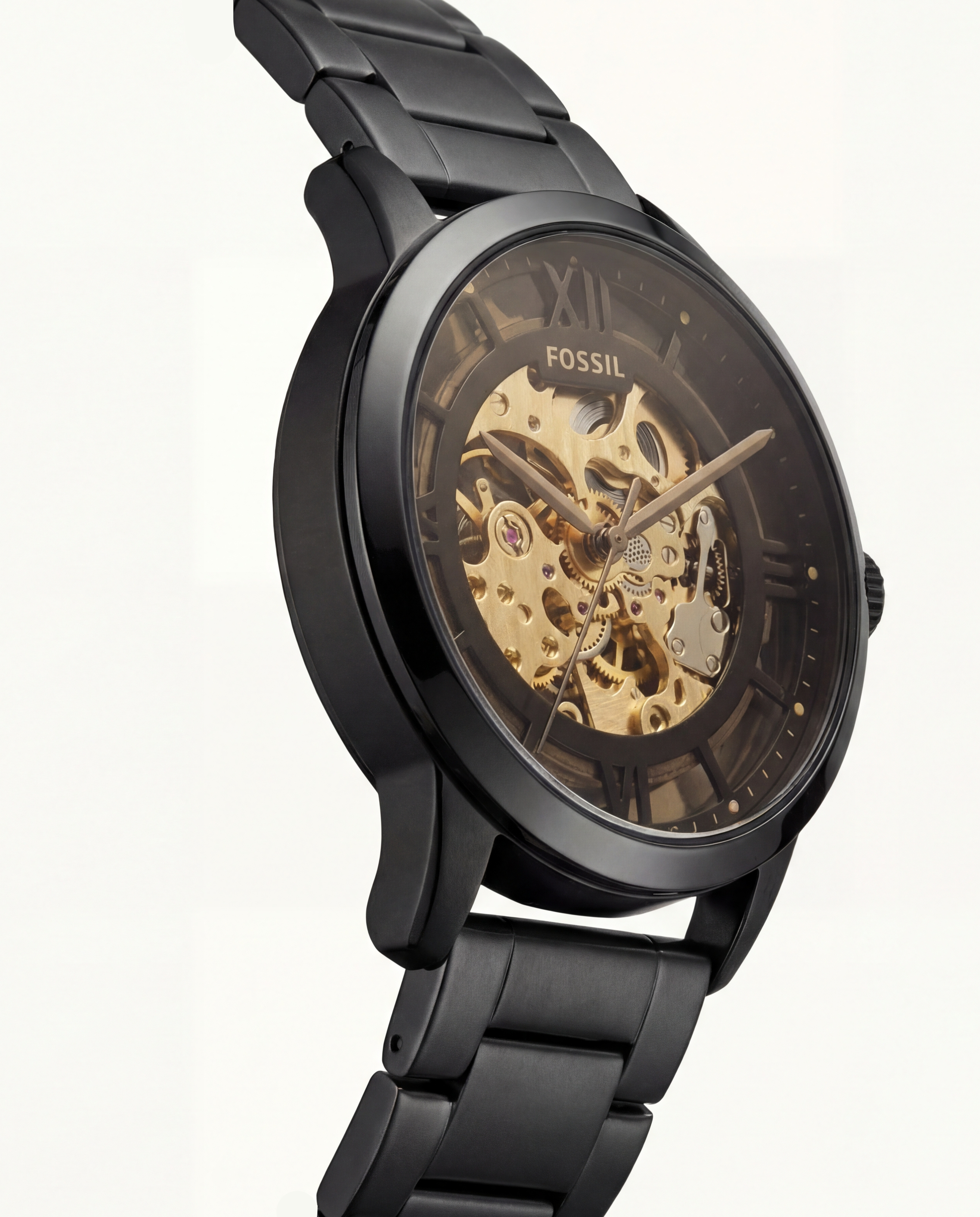 Luxury Black Skeleton Automatic Men’s Watch with Gold Open-Work Dial & Matte Steel Bracelet