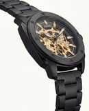 Luxury Black Skeleton Automatic Men’s Watch with Gold Mechanical Dial & Matte Steel Bracelet