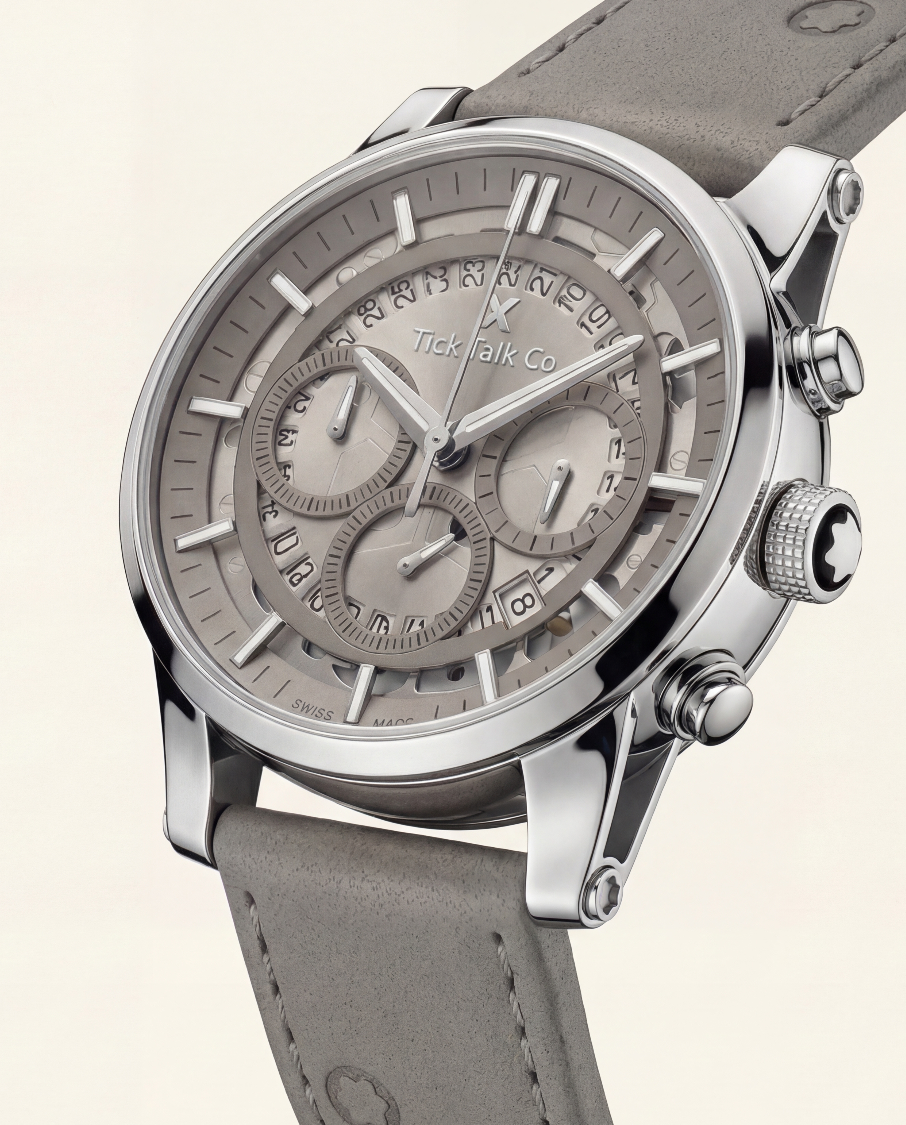 Silver Skeleton Chronograph with Grey Leather Strap