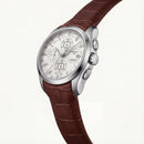 Classic Silver Chronograph Watch with White Dial & Brown Leather Strap