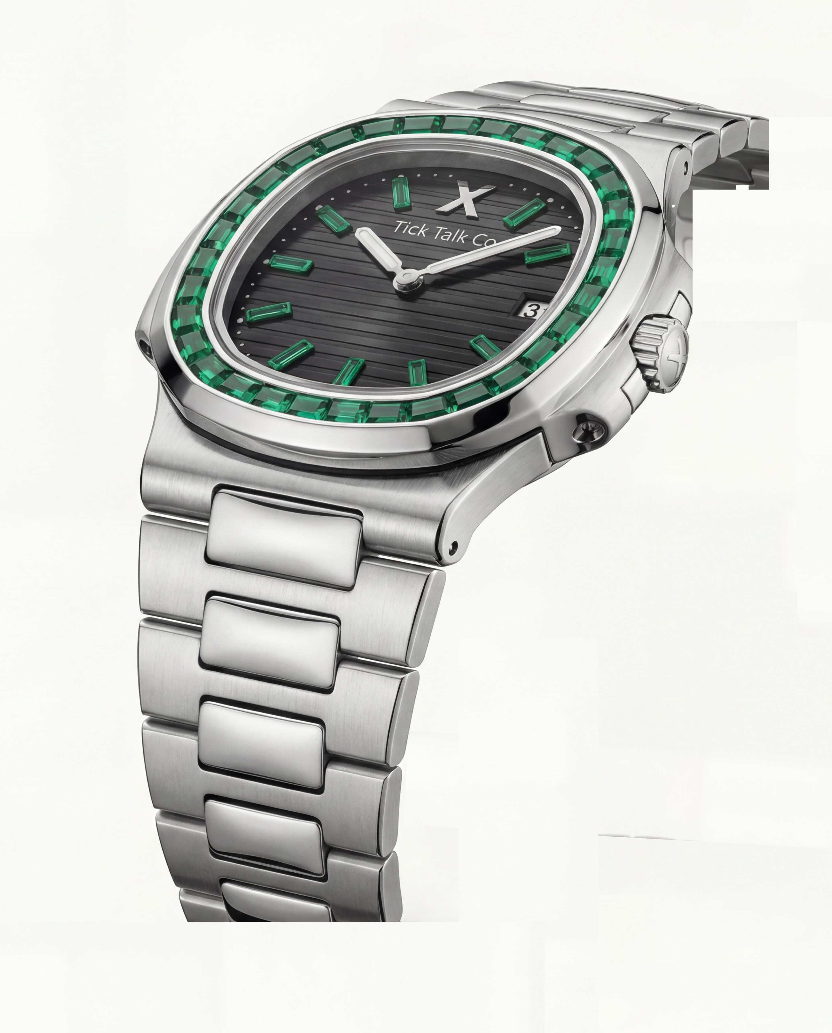 Black Dial Watch with Green Gem-Style Bezel & Stainless Steel Bracelet