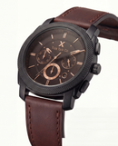 Black Chronograph Watch with Brown Leather Strap
