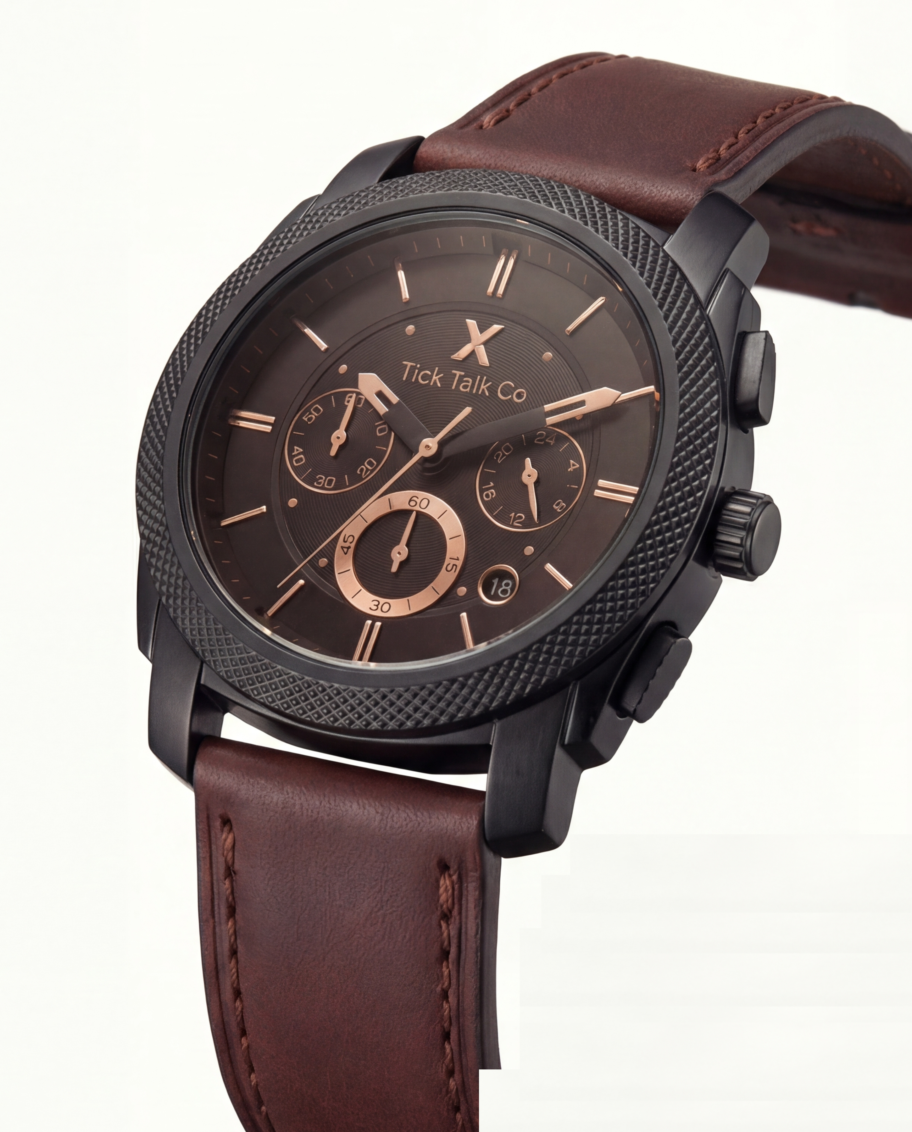 Black Chronograph Watch with Brown Leather Strap