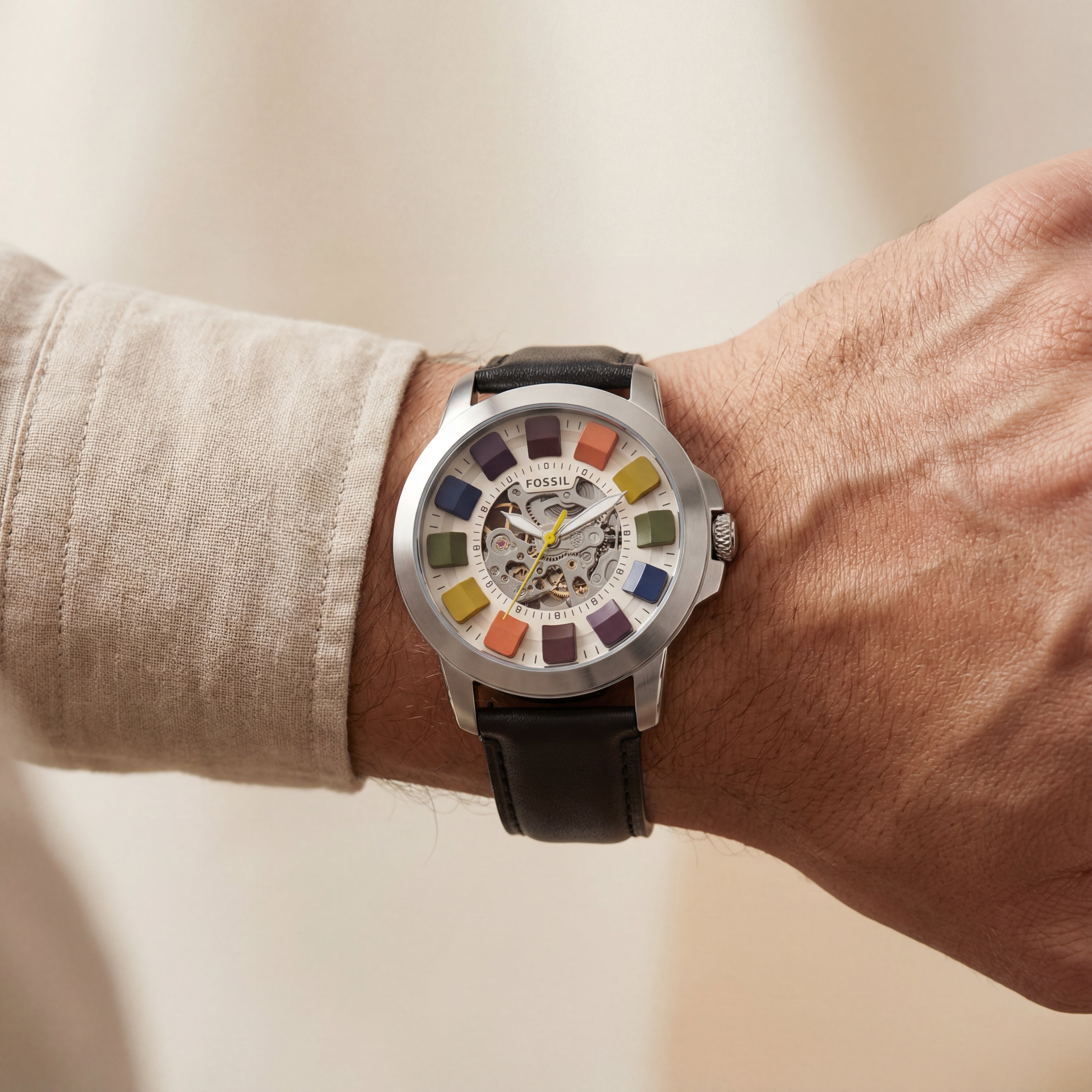 Multicolor Skeleton Dial Leather Strap Men’s Watch