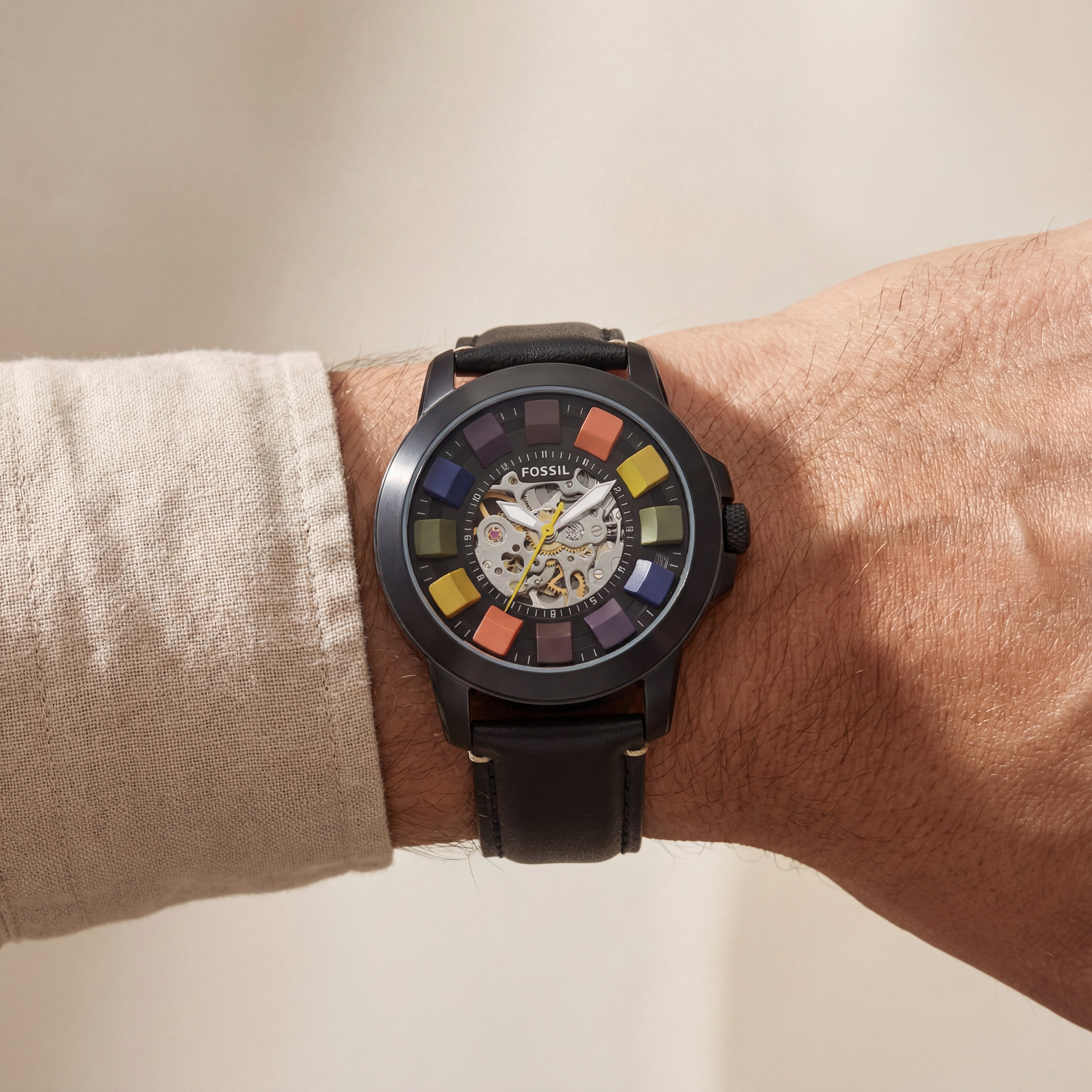 Multicolor Skeleton Dial Black Case Leather Strap Men’s Watch