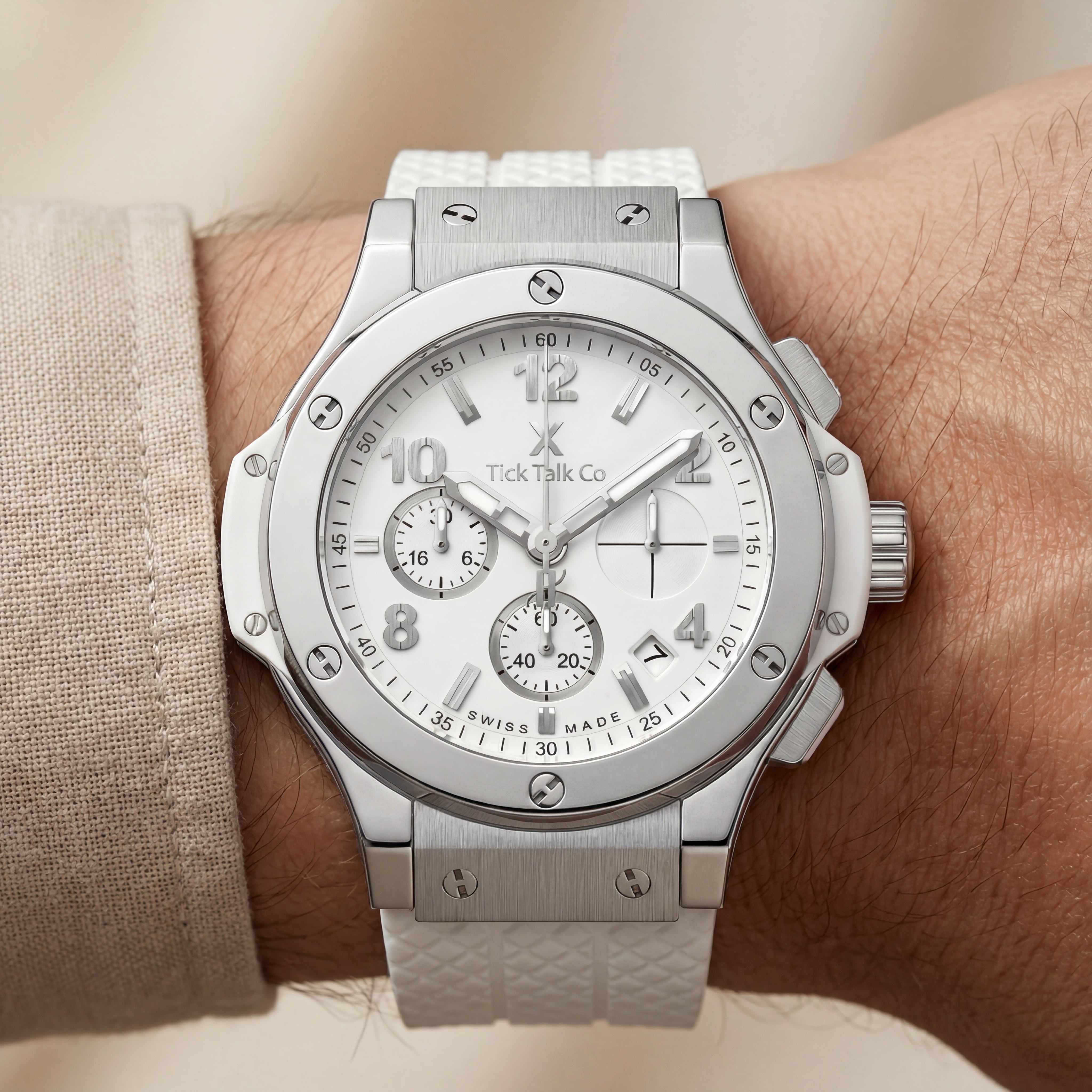 Silver White Dial Chronograph Quartz Watch with White Textured Silicone Strap