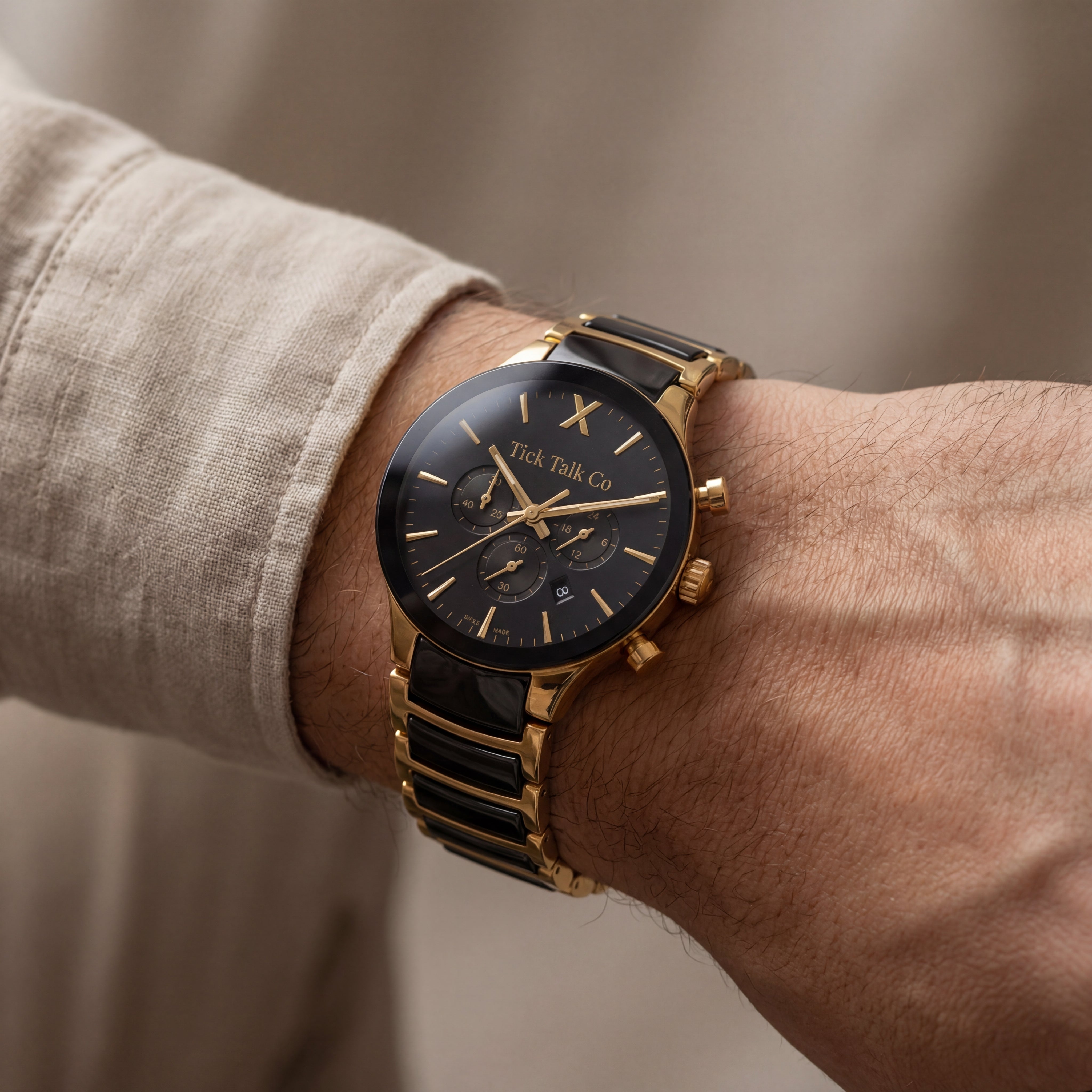 Gold & Black Chronograph Watch with Black Dial and Two-Tone Stainless Steel Bracelet