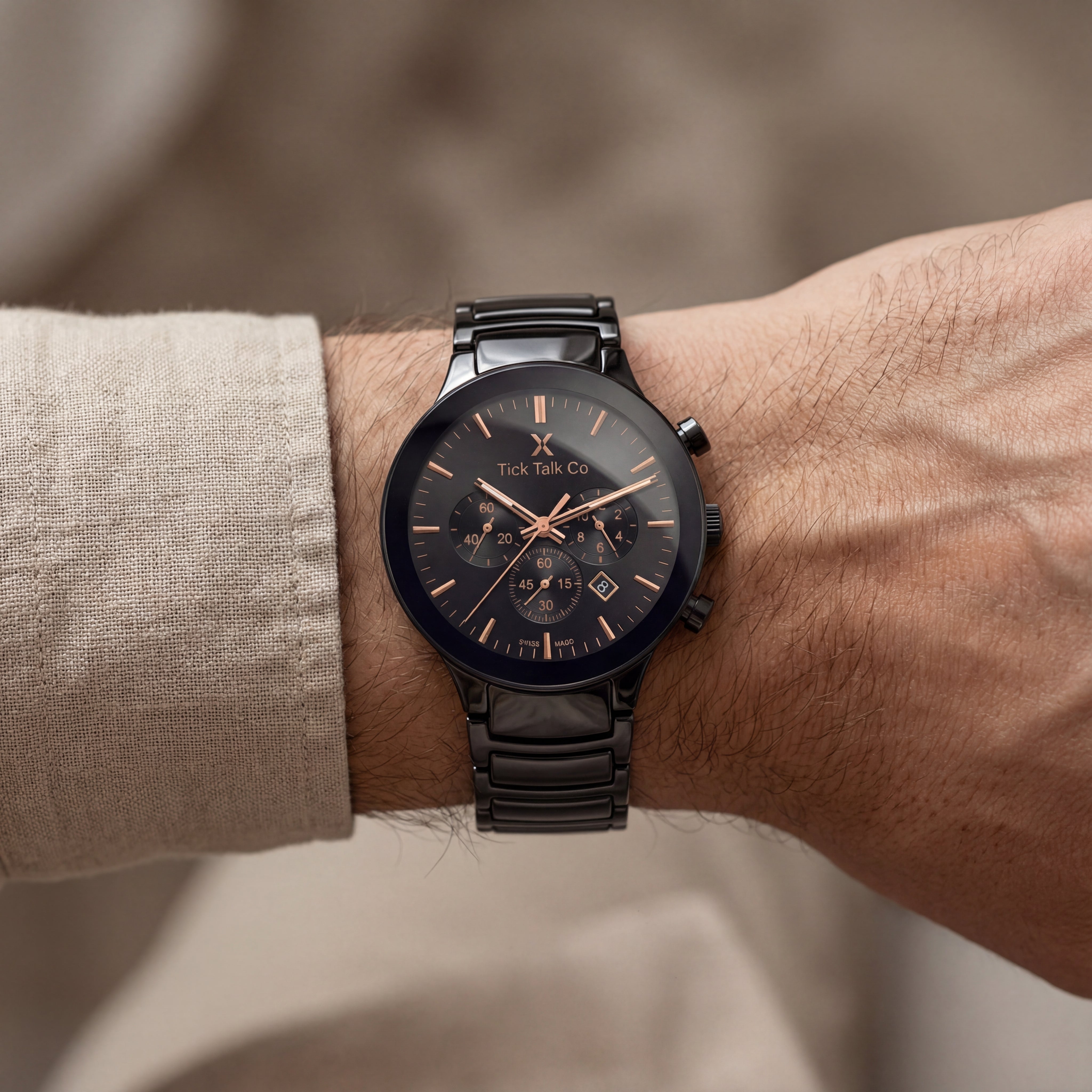 Black Chronograph Watch with Rose Gold Accents & Black Stainless Steel Bracelet