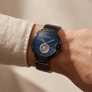 Black Open Heart Luxury Watch with Deep Blue Textured Dial