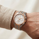 Two-Tone Silver & Rose Gold Chronograph Tachymeter Watch with Metal Bracelet