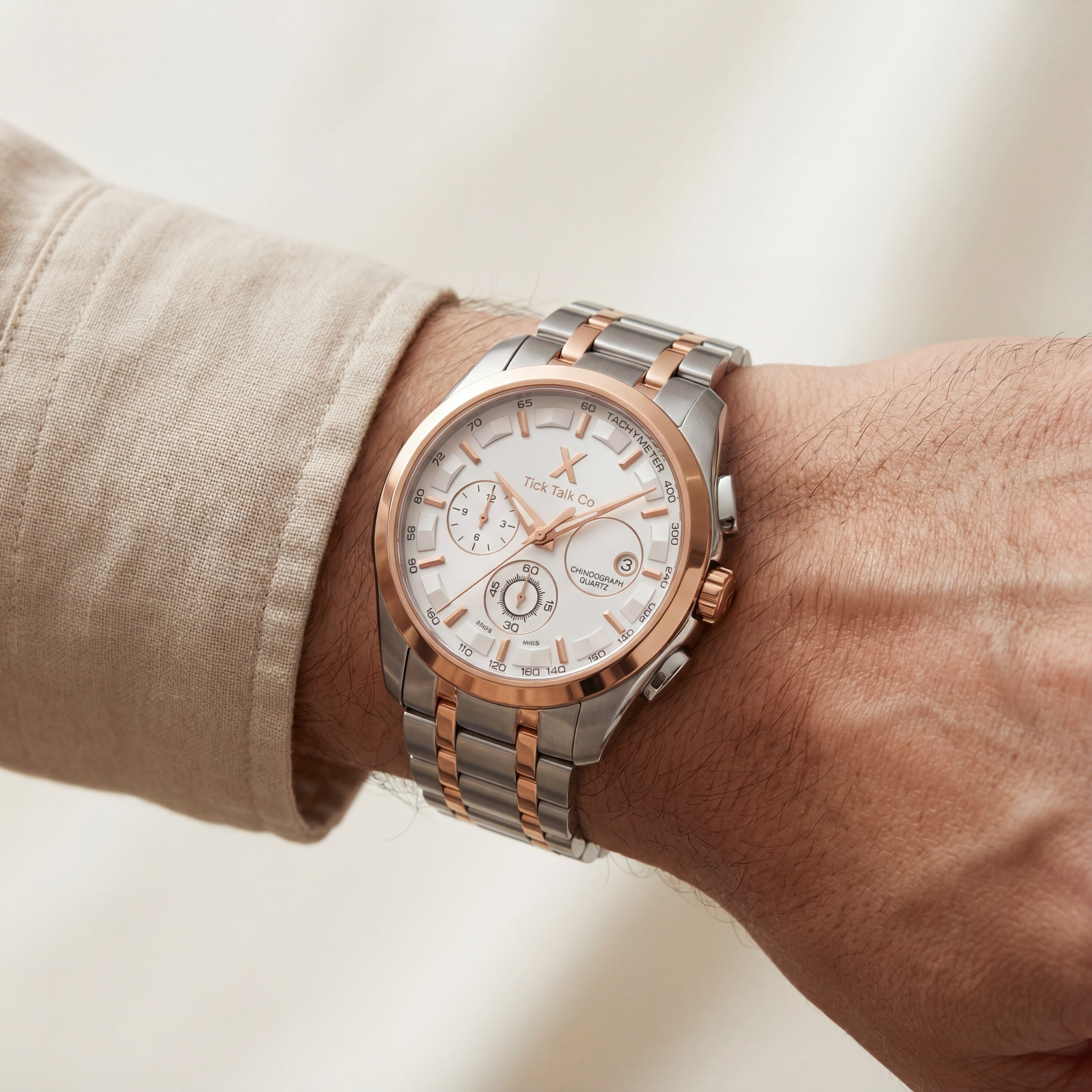 Two-Tone Silver & Rose Gold Chronograph Tachymeter Watch with Metal Bracelet
