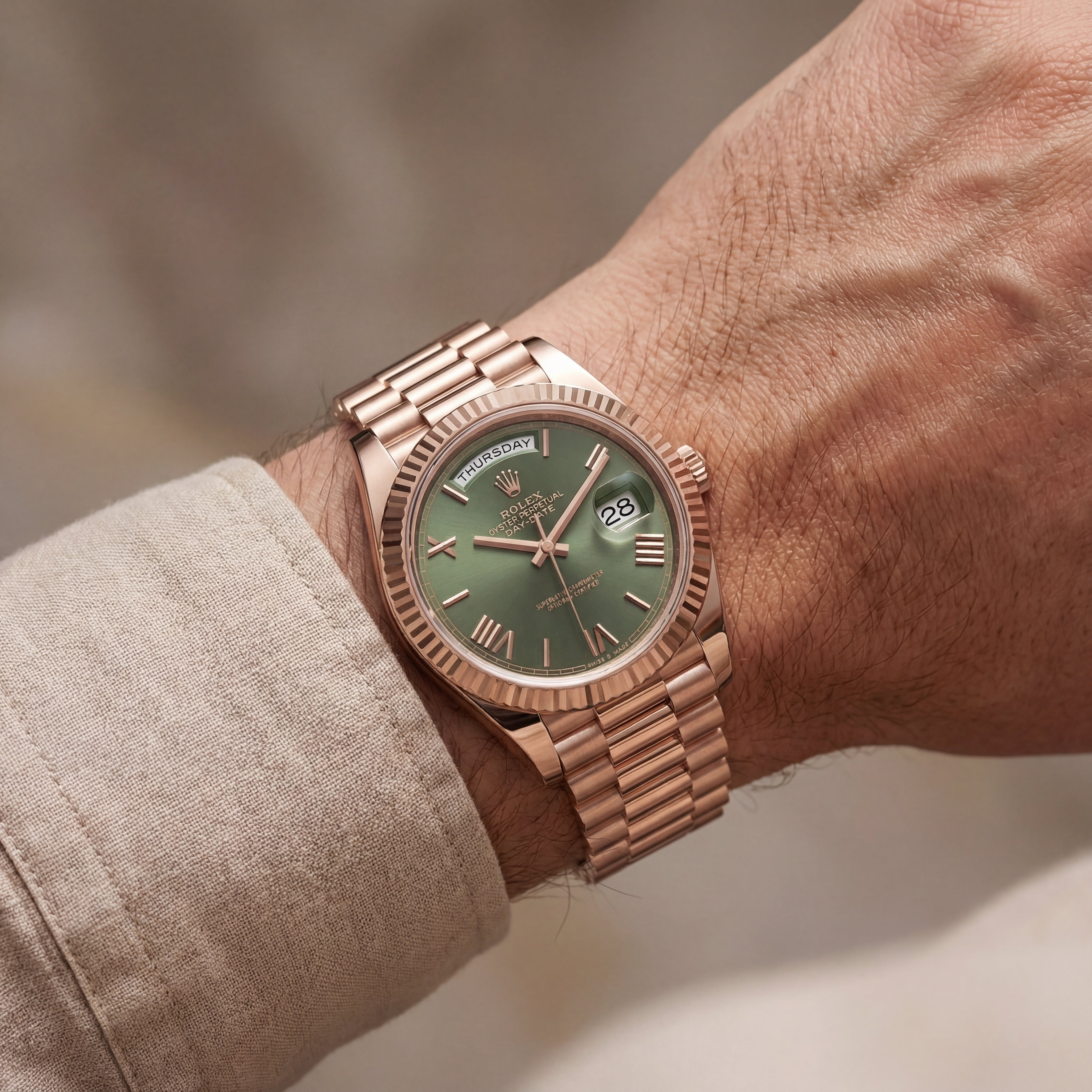 Rose Gold Day & Date Green Dial Stainless Steel Men’s Watch