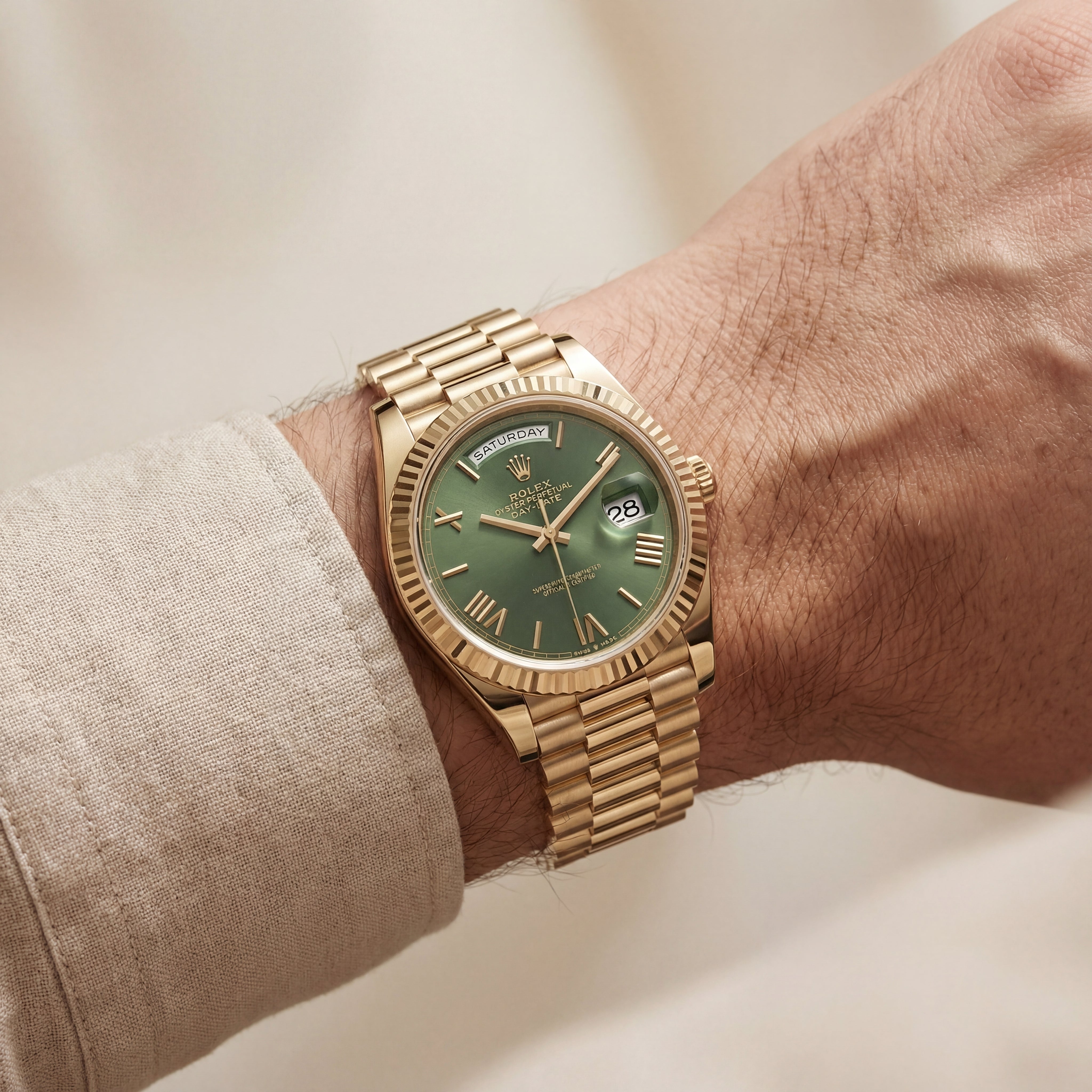 Gold Day-Date Green Sunray Roman Dial Men’s Watch