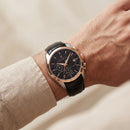 Rose Gold & Silver Chronograph Tachymeter Watch with Black Leather Strap