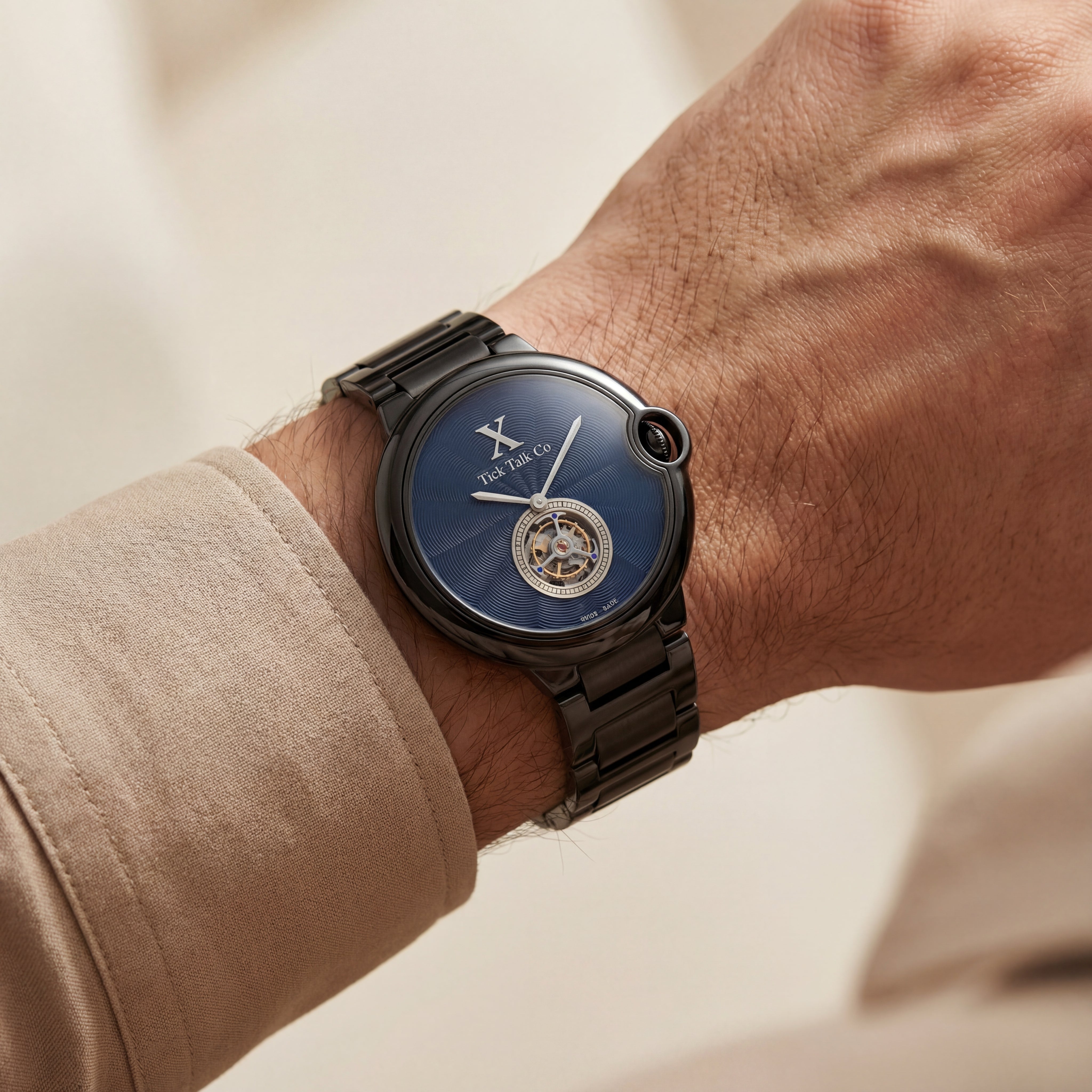 Blue Guilloché Dial Black Stainless Steel Open-Heart Watch