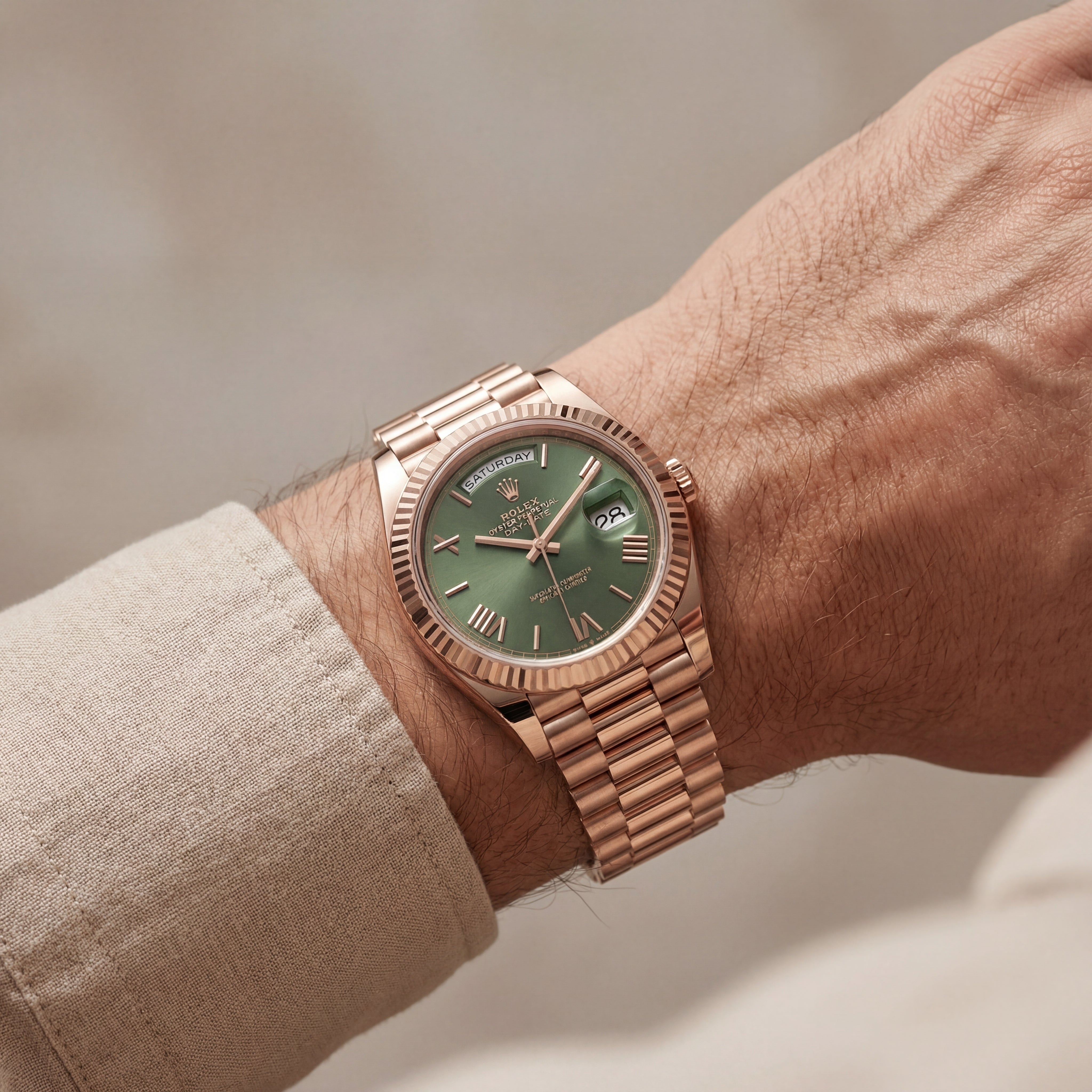 Rose Gold Green Dial Day-Date Luxury Steel Watch