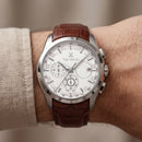 Silver Chronograph Tachymeter Watch with Brown Leather Strap