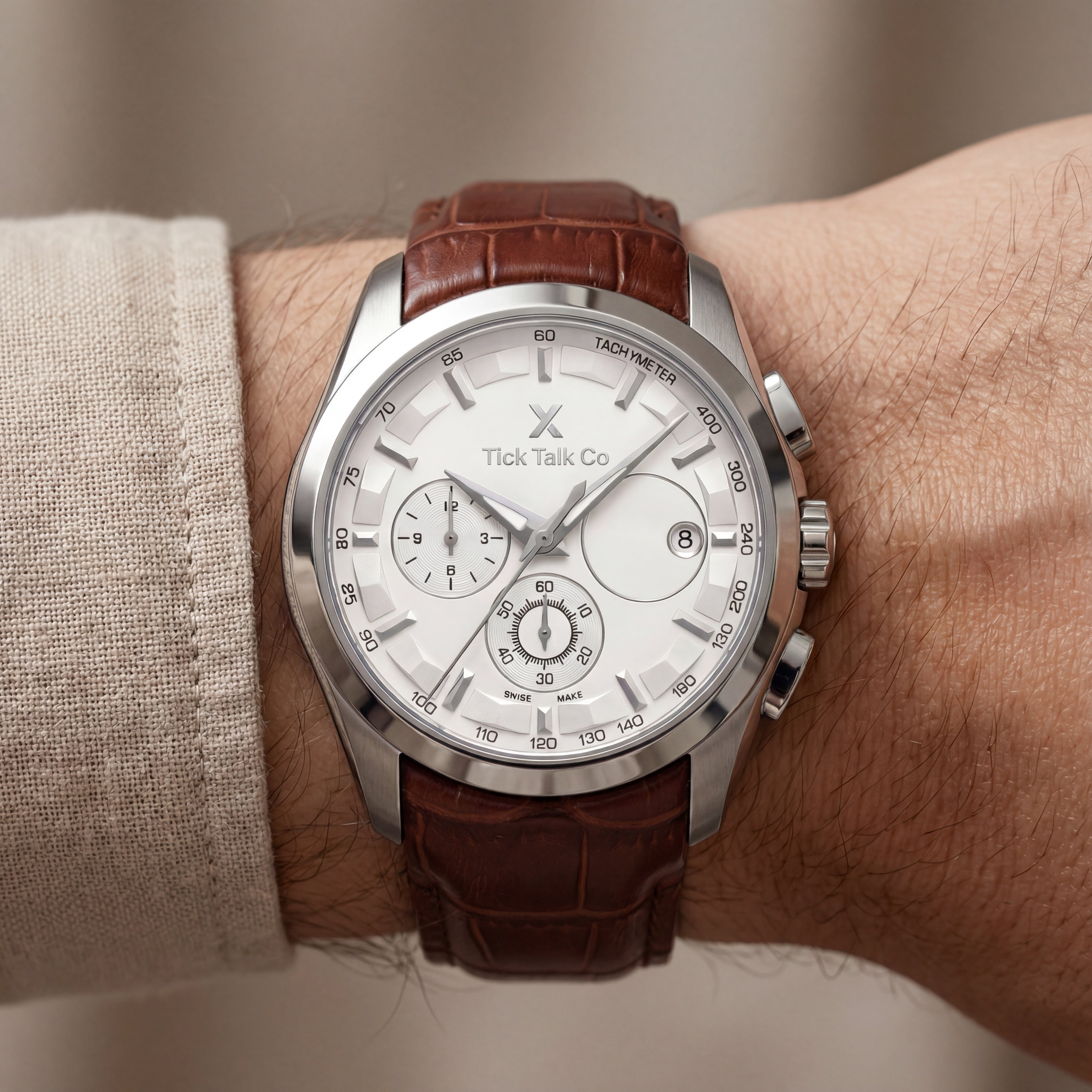 Silver Chronograph Tachymeter Watch with Brown Leather Strap