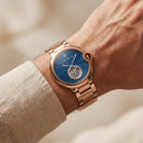 Blue Guilloché Dial Rose Gold Open-Heart Watch with Stainless Steel Bracelet