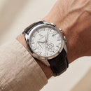 Silver Chronograph Tachymeter Watch with Black Leather Strap