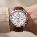 Classic Silver Chronograph Watch with White Dial & Brown Leather Strap