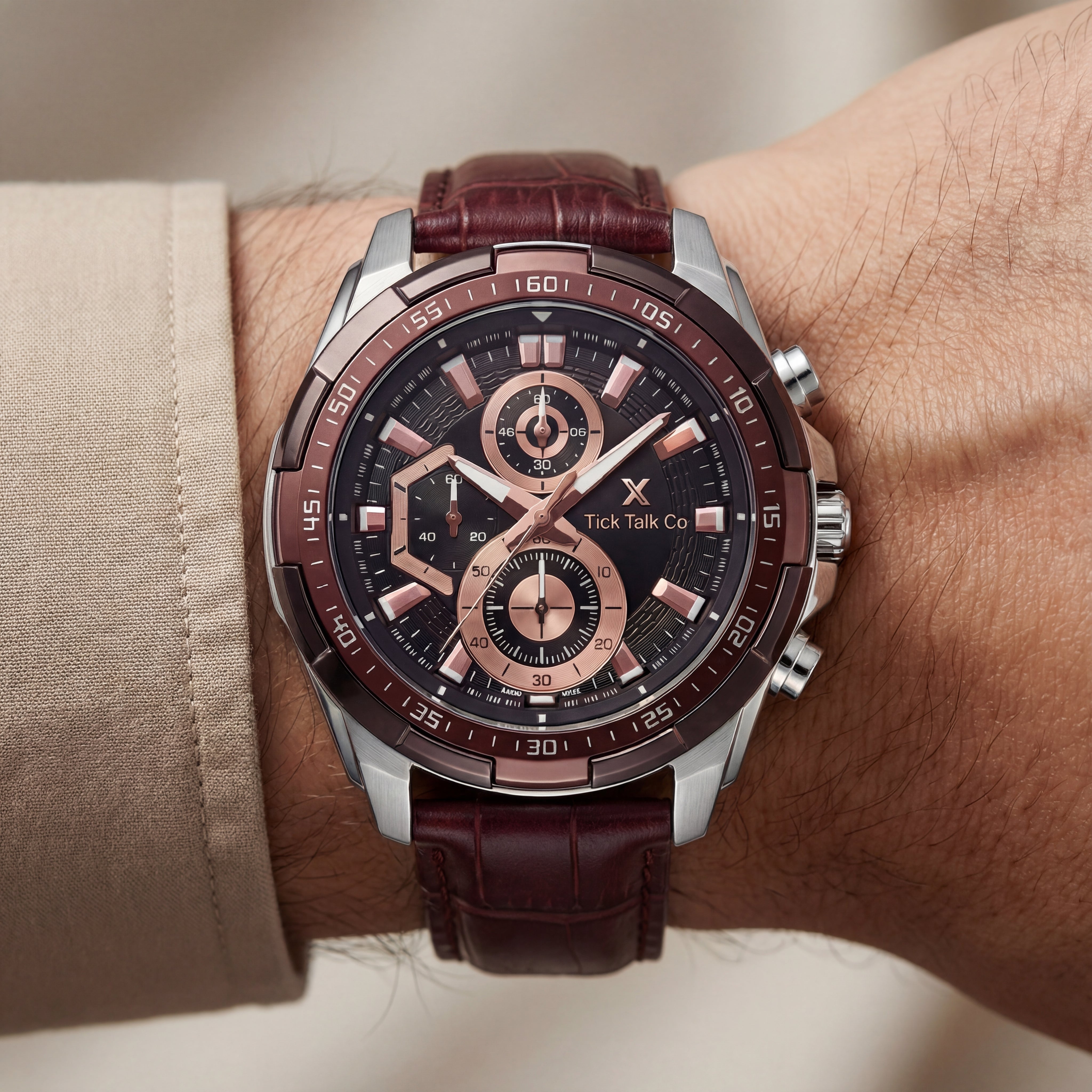 Brown Rose Gold Chronograph Leather Watch