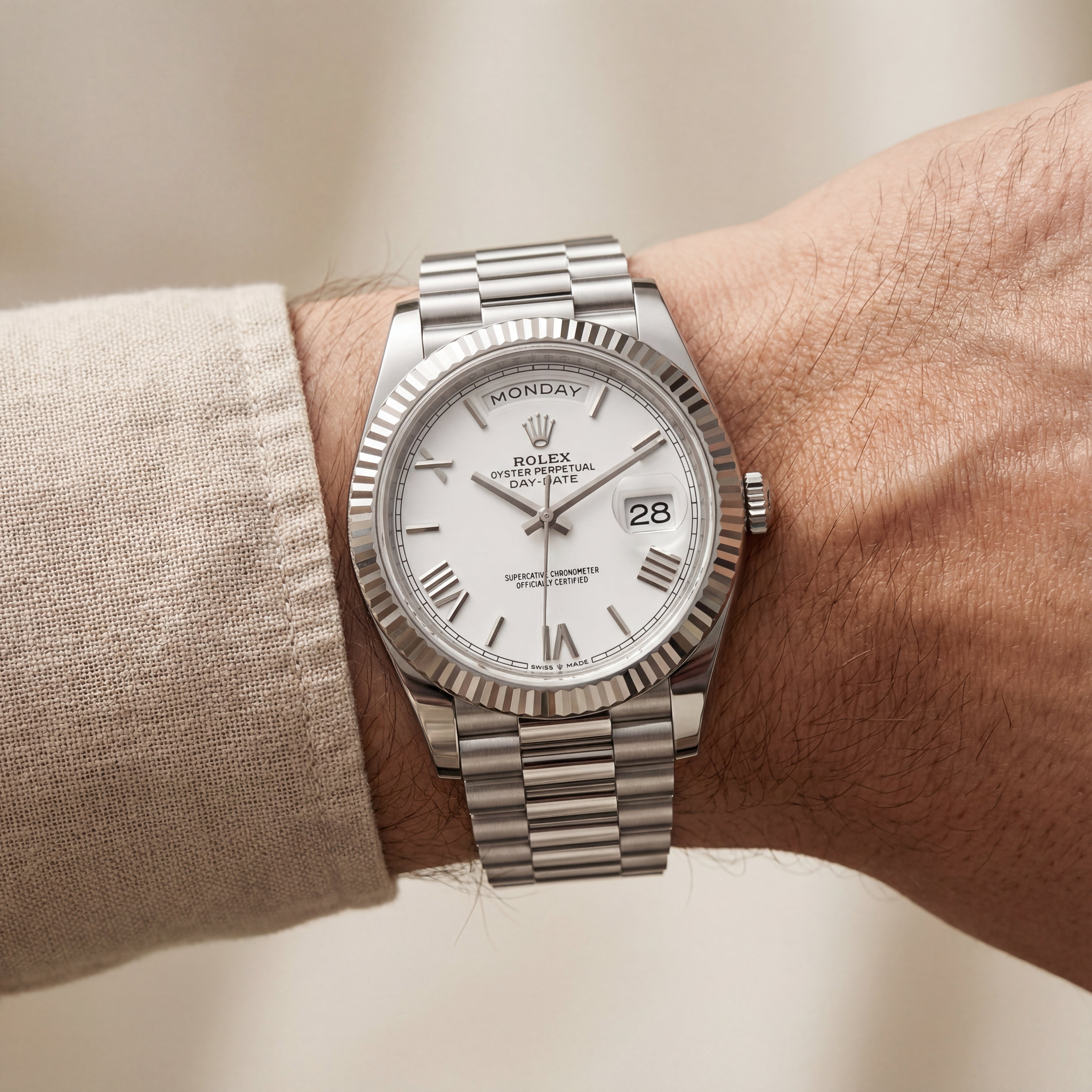Classic White Dial Fluted Steel Day-Date Automatic Watch