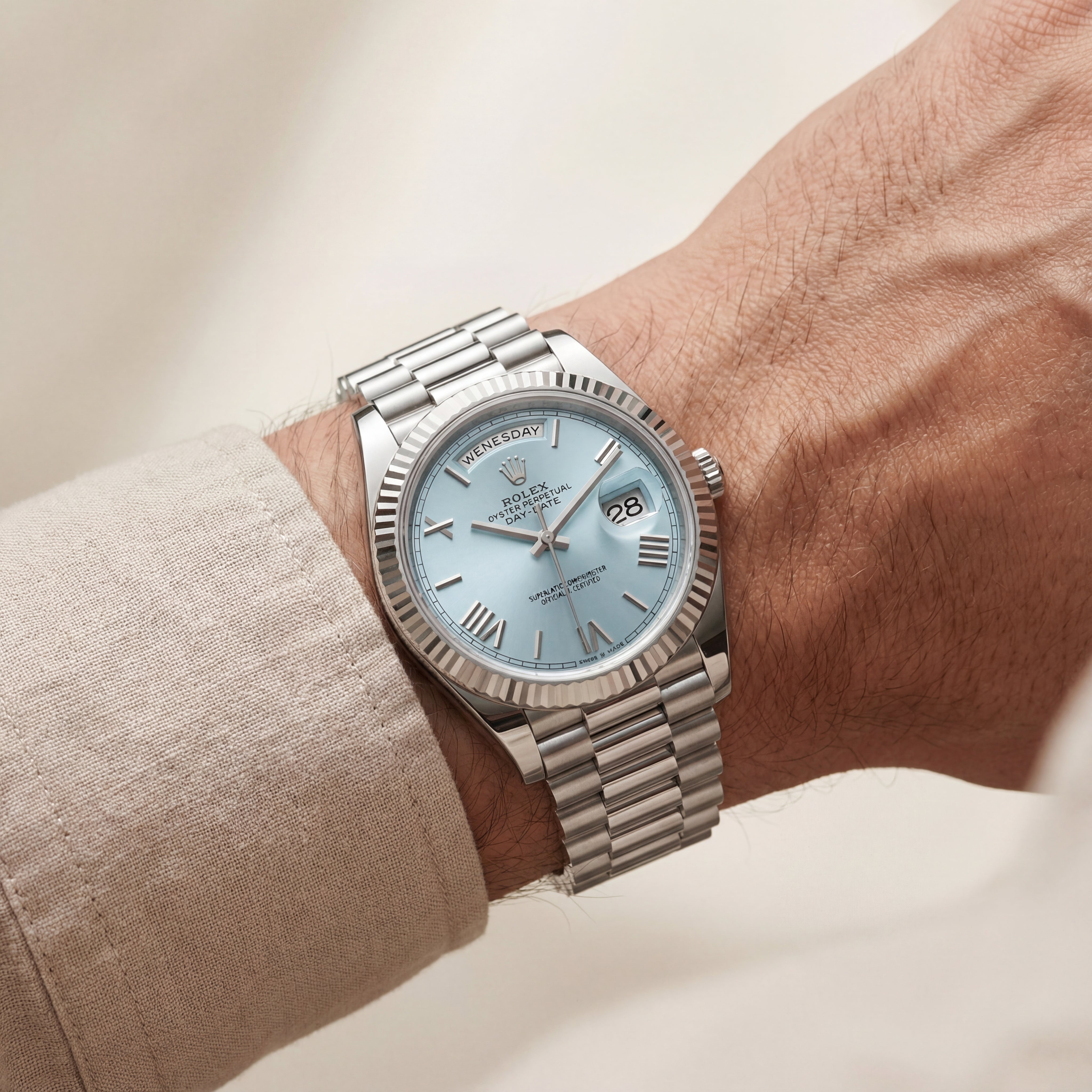 Ice Blue Fluted Steel Day-Date Quartz Watch