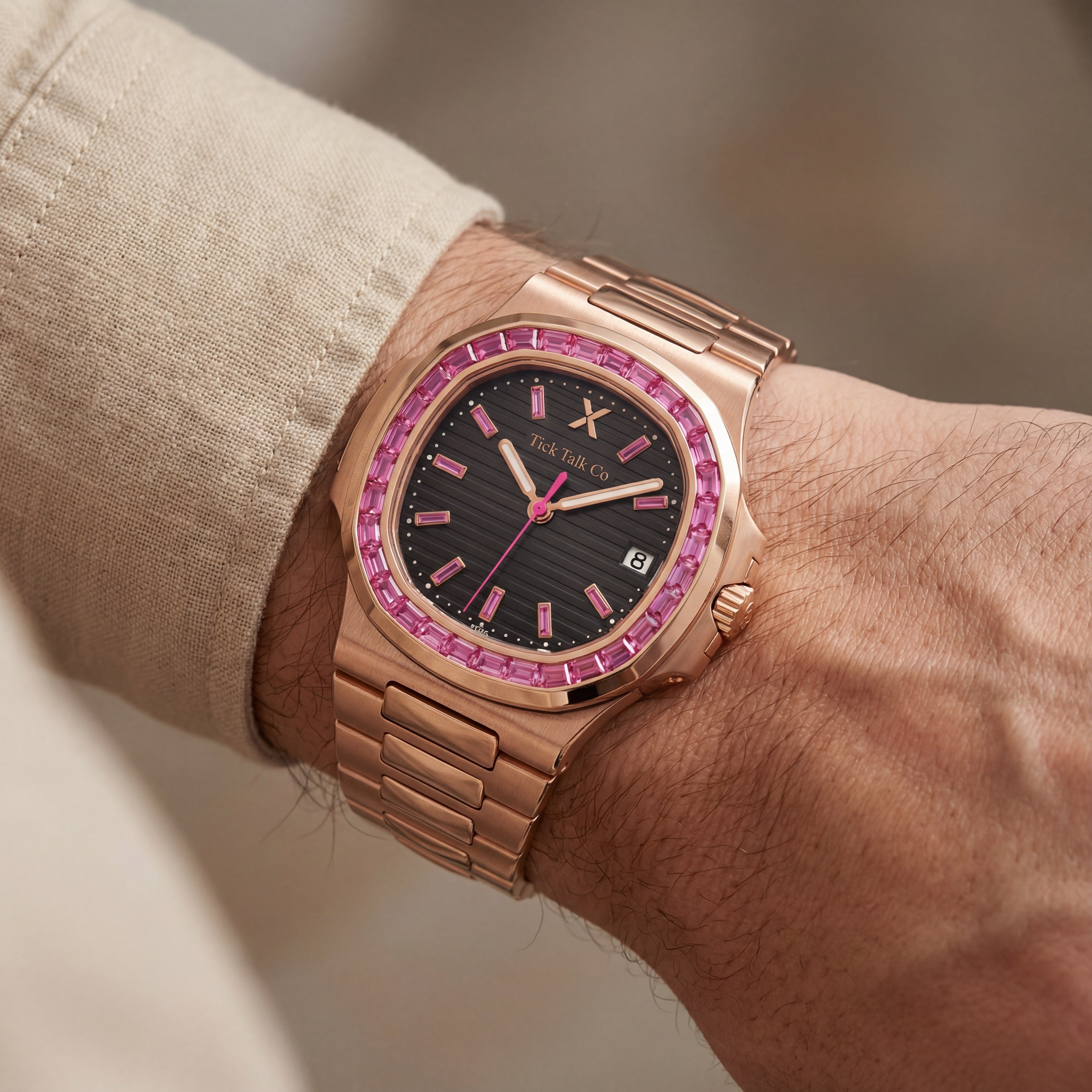 Black Dial Rose Gold Watch with Pink Gem Bezel & Stainless Steel Bracelet