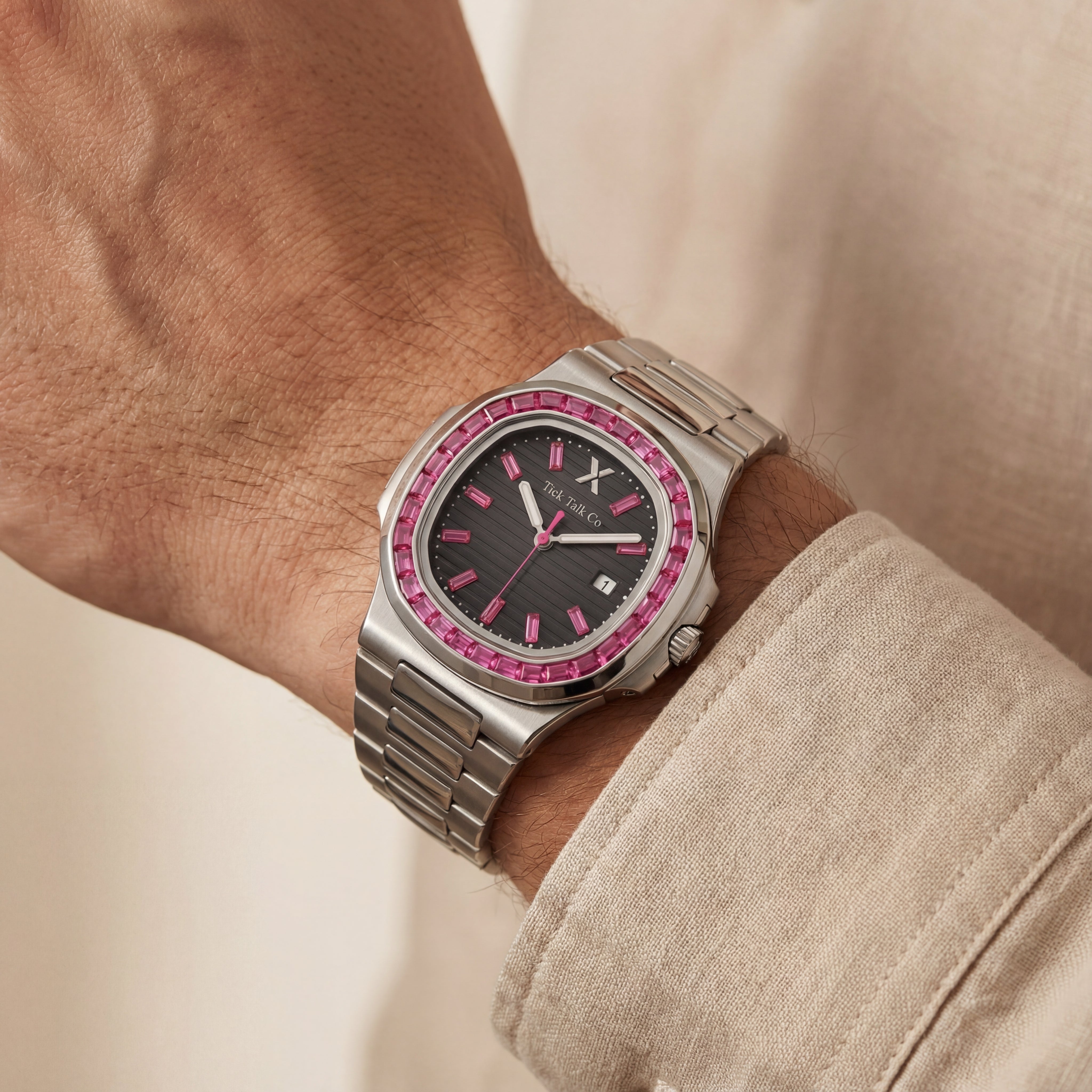 Black Dial Silver Watch with Pink Gem Bezel & Stainless Steel Bracelet